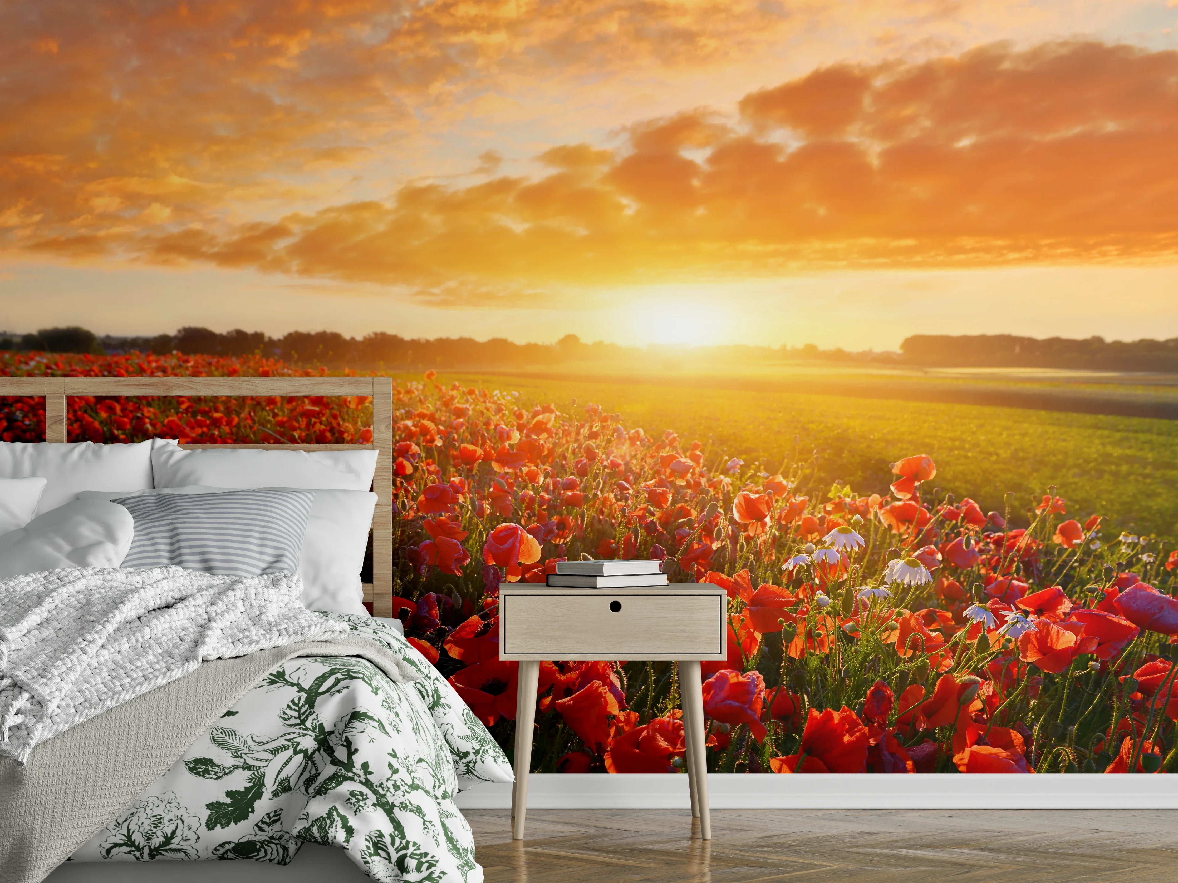 Wandverkleidung Schlafzimmer - Mohnblumenfeld bei Sonnenuntergang Wanddekor