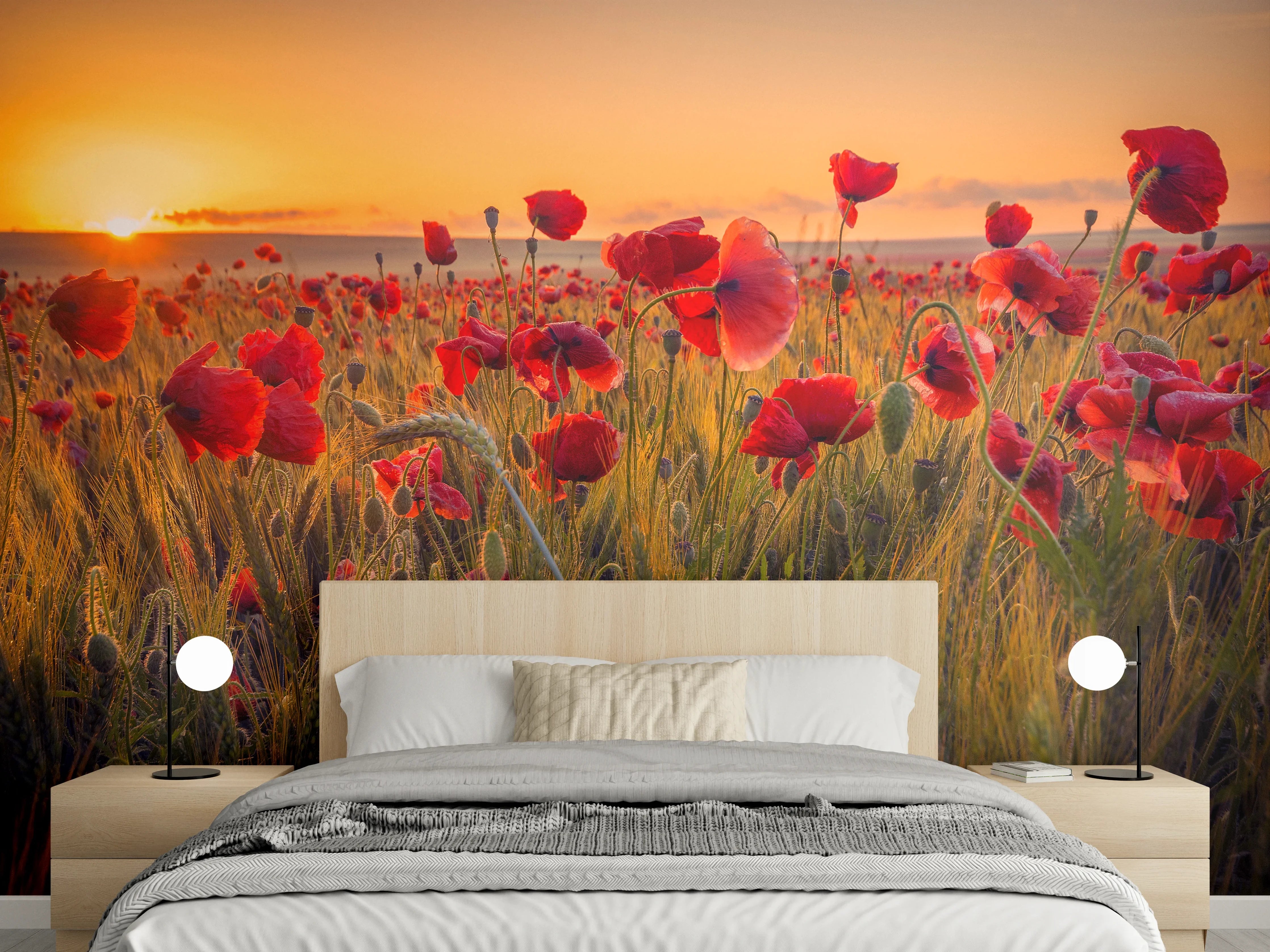 Wandverkleidung Schlafzimmer - Mohnblumenfeld im Sonnenuntergang – Naturfoto