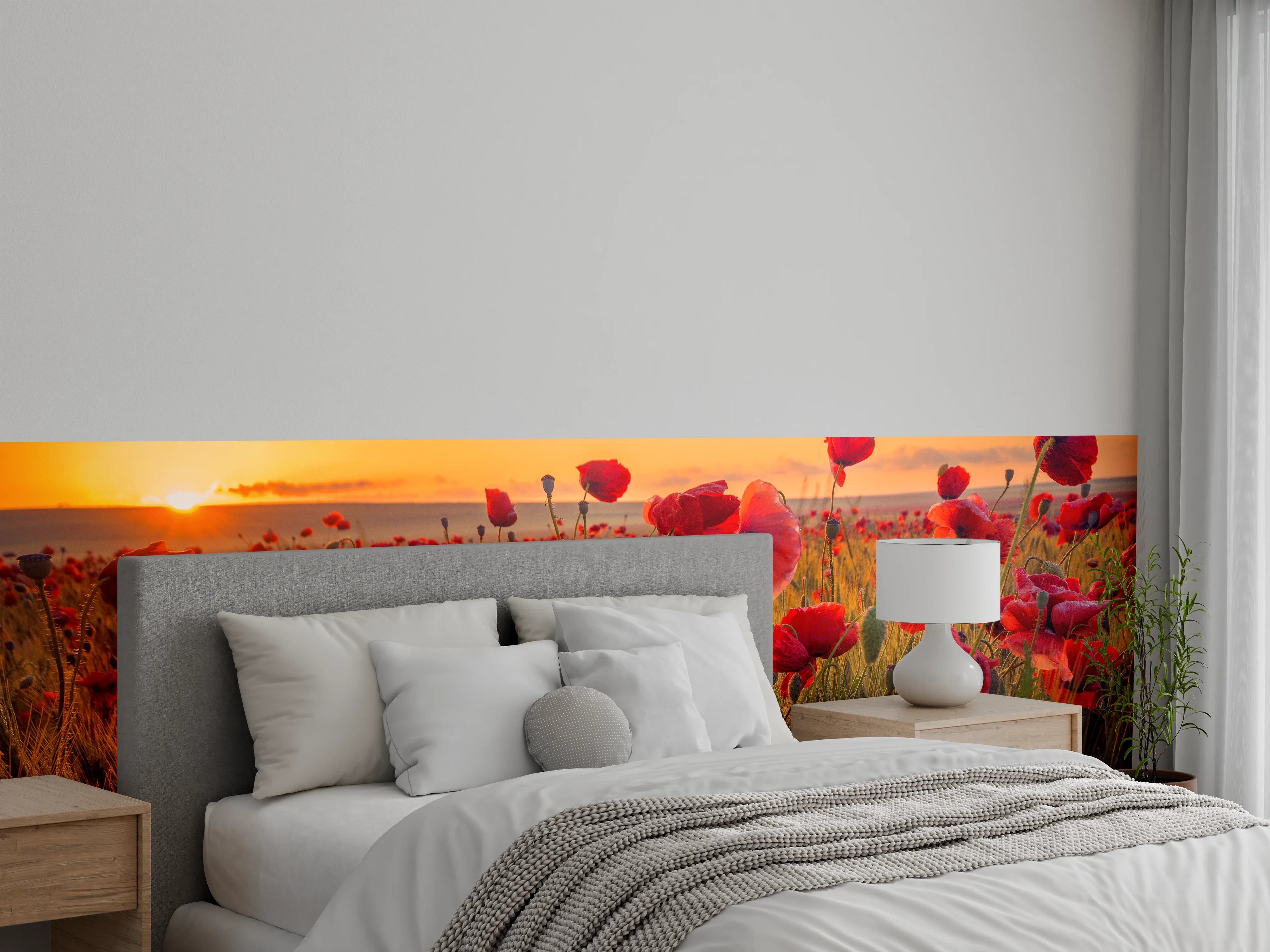 Wandverkleidung Schlafzimmer - Mohnblumenfeld im Sonnenuntergang – Naturfoto