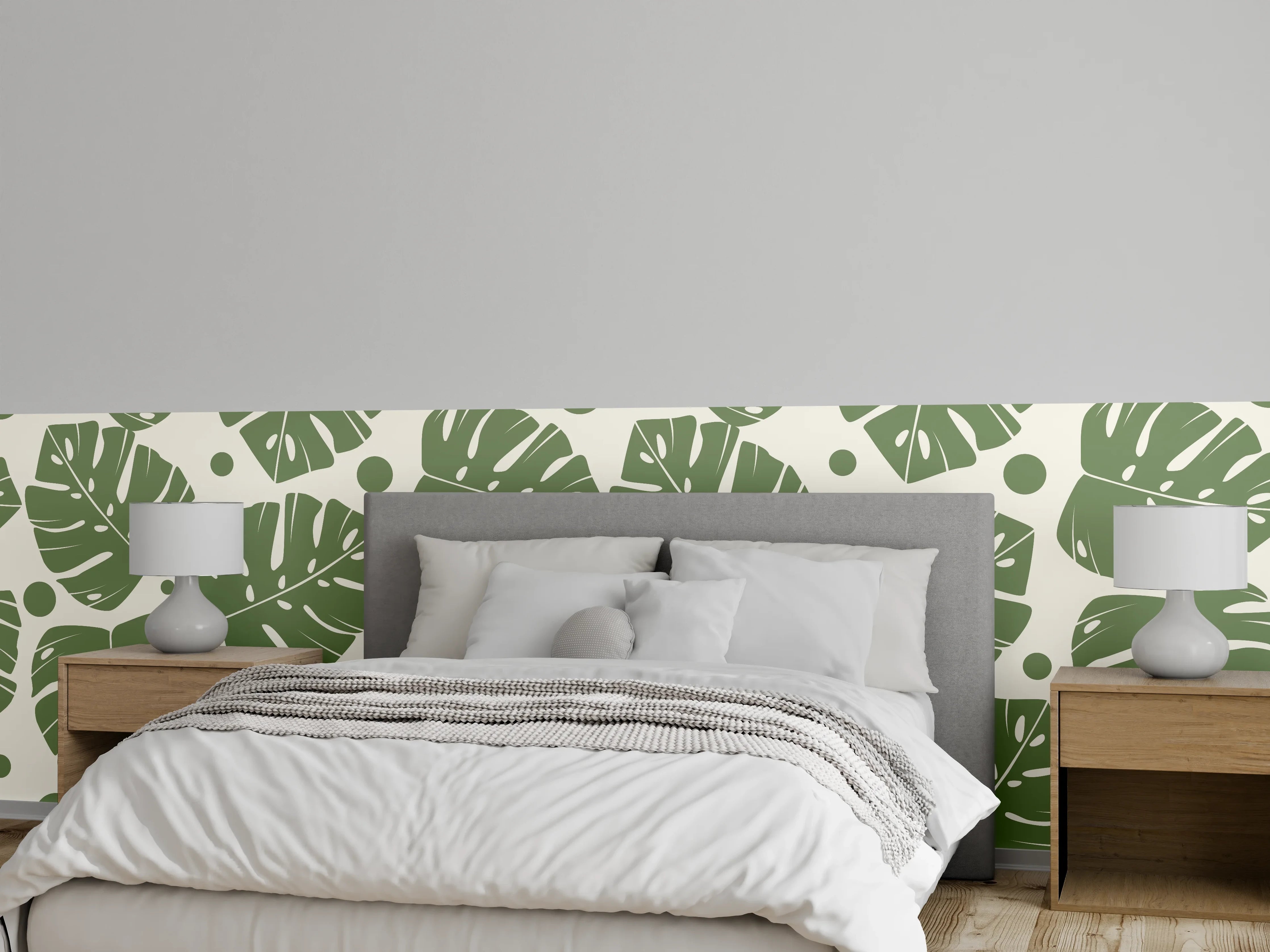 Wandverkleidung Schlafzimmer - Monstera-Blätter Cremegrün