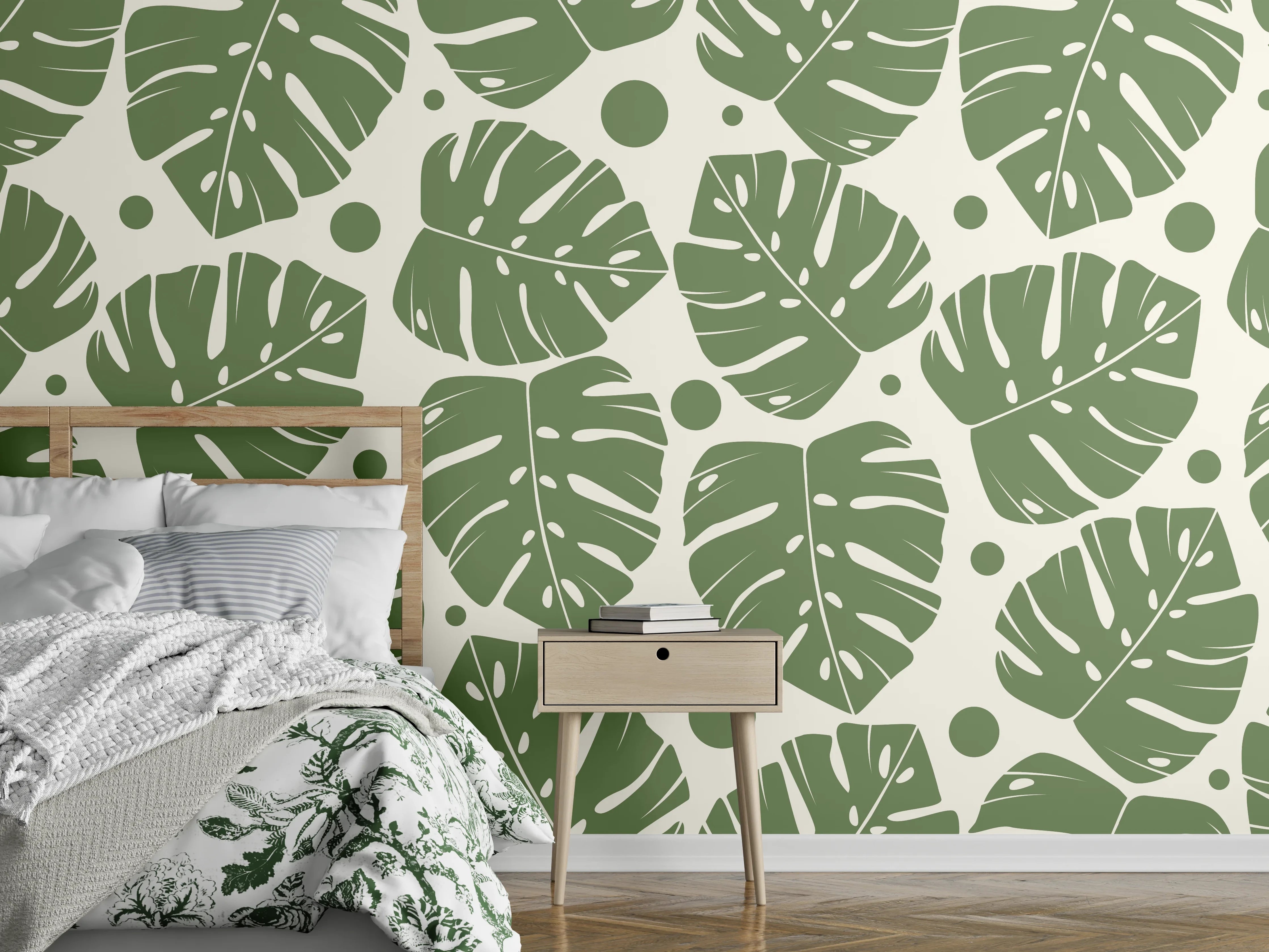 Wandverkleidung Schlafzimmer - Monstera-Blätter Cremegrün