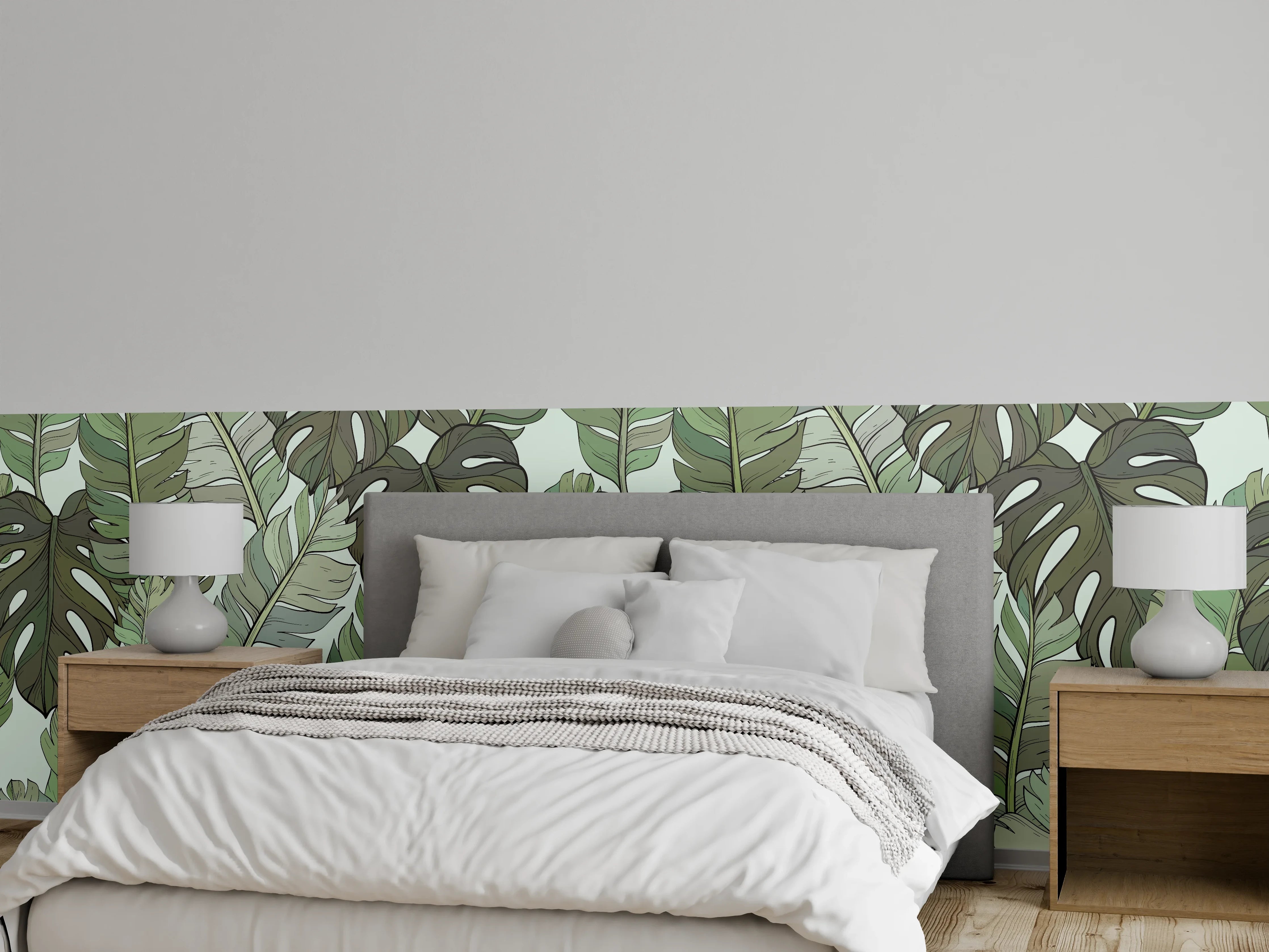 Wandverkleidung Schlafzimmer - Monstera-Blätter – Tropische Eleganz