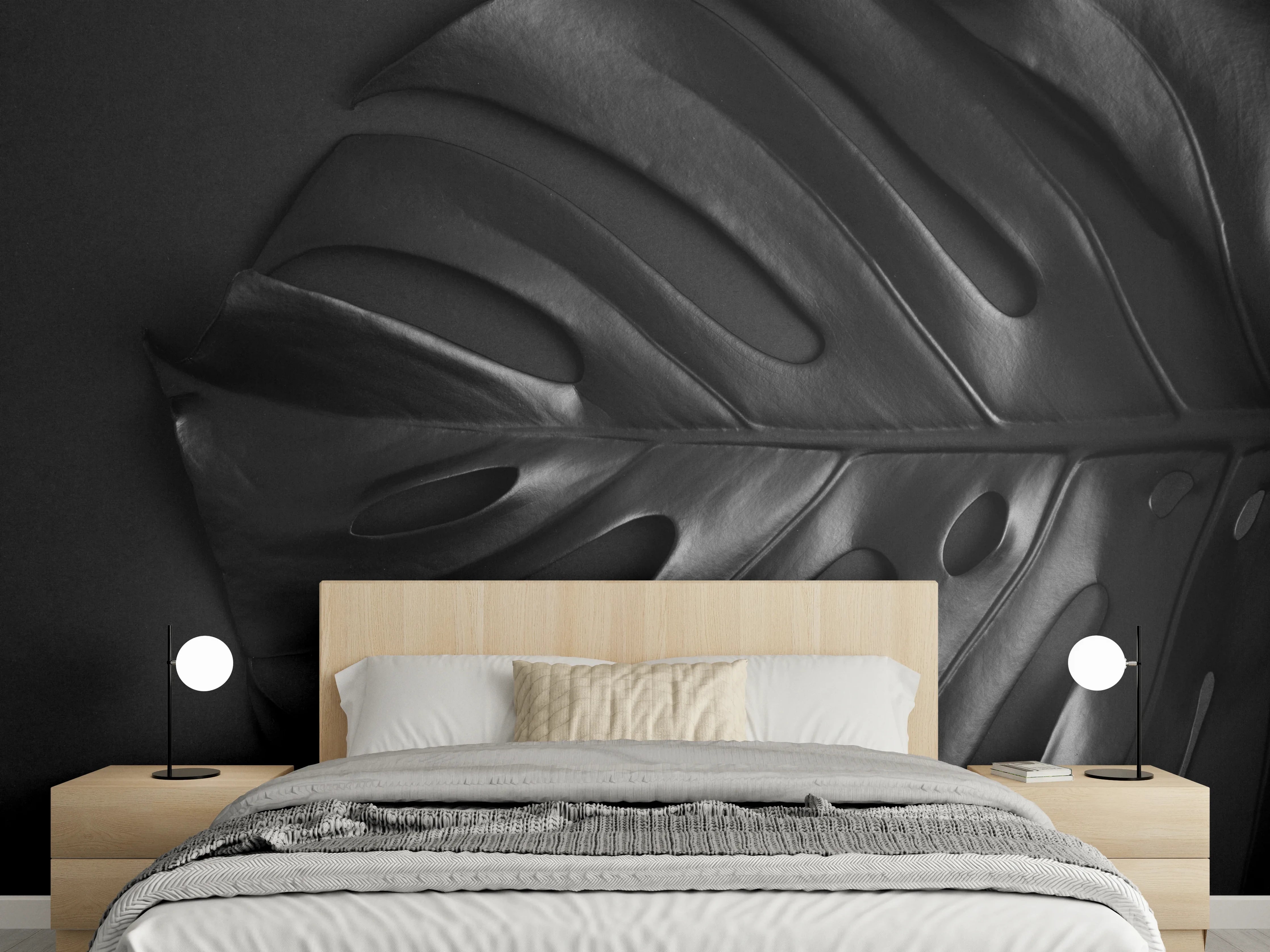 Wandverkleidung Schlafzimmer - Monstera Blatt Schwarz-weiß Design