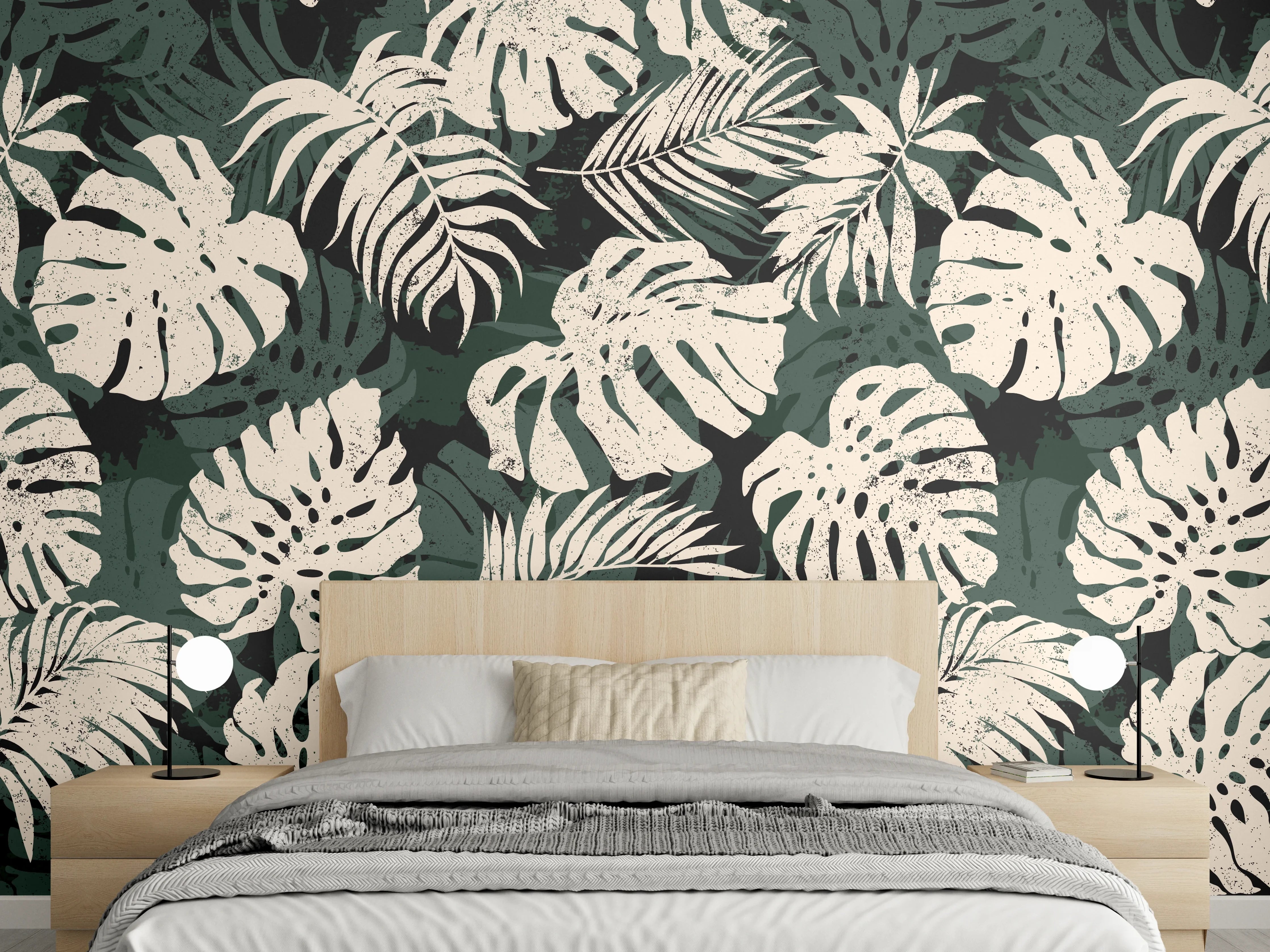 Wandverkleidung Schlafzimmer - Monstera Blattmuster Grün-Beige