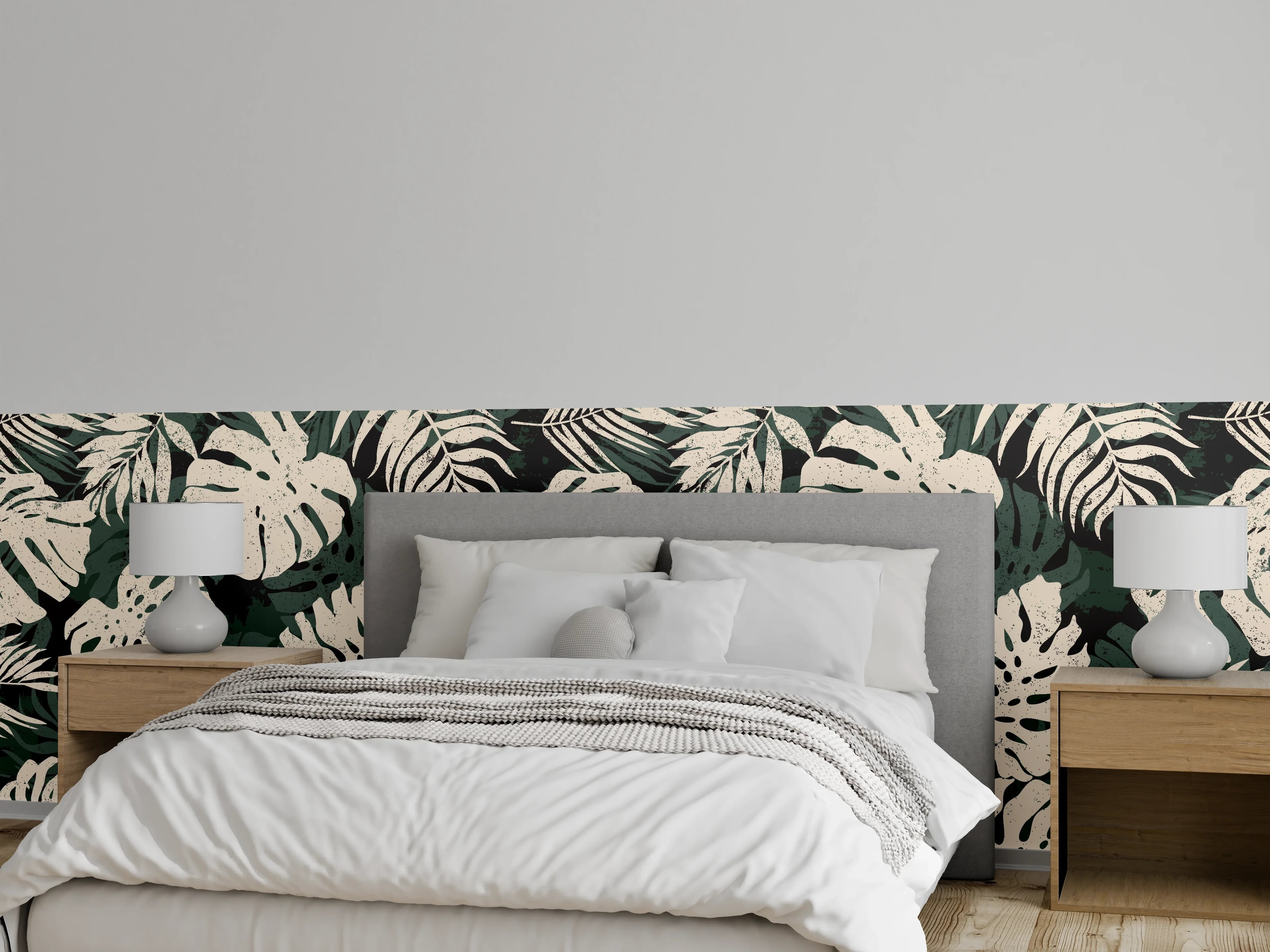 Wandverkleidung Schlafzimmer - Monstera Blattmuster Grün-Beige