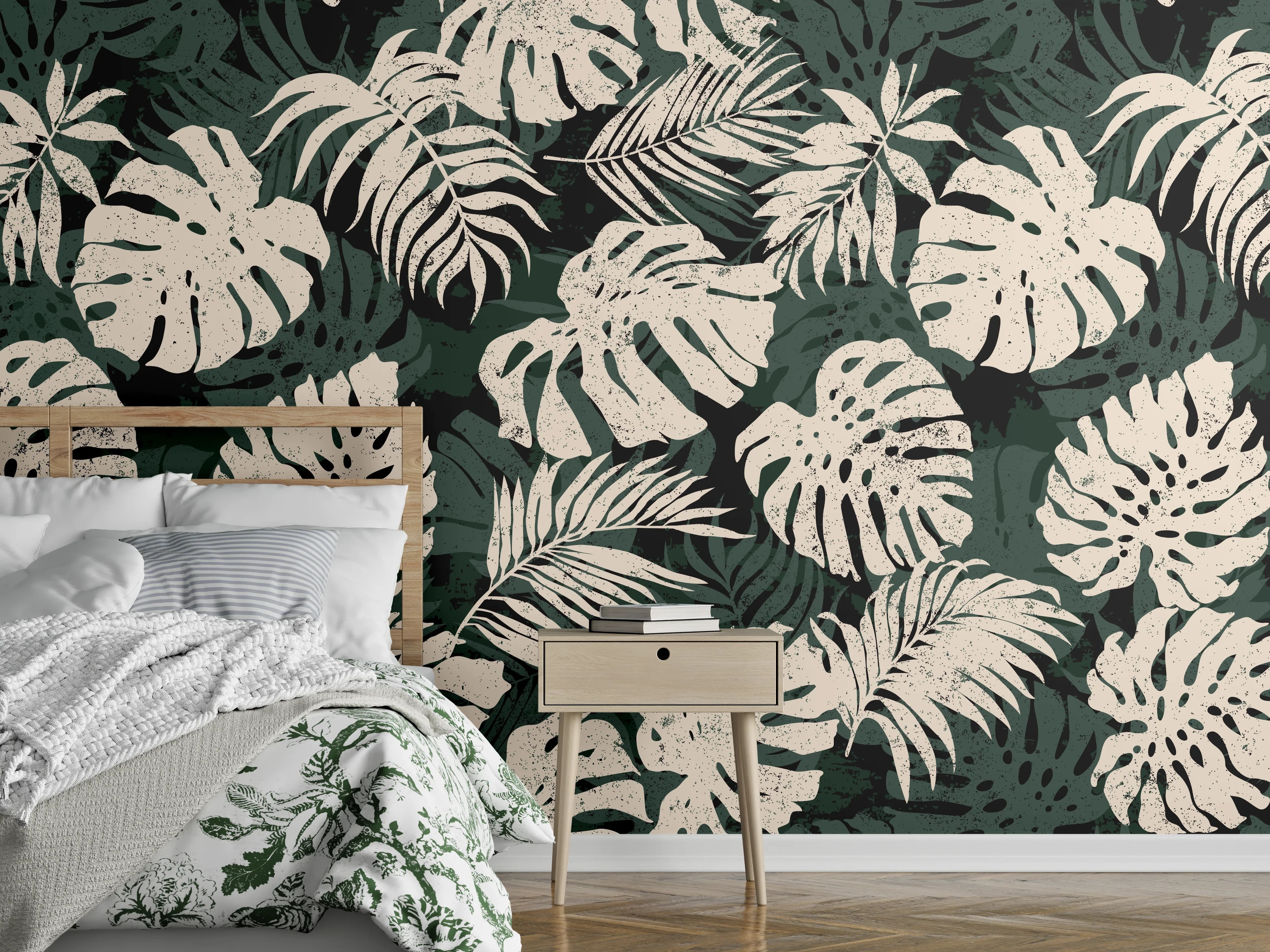 Wandverkleidung Schlafzimmer - Monstera Blattmuster Grün-Beige
