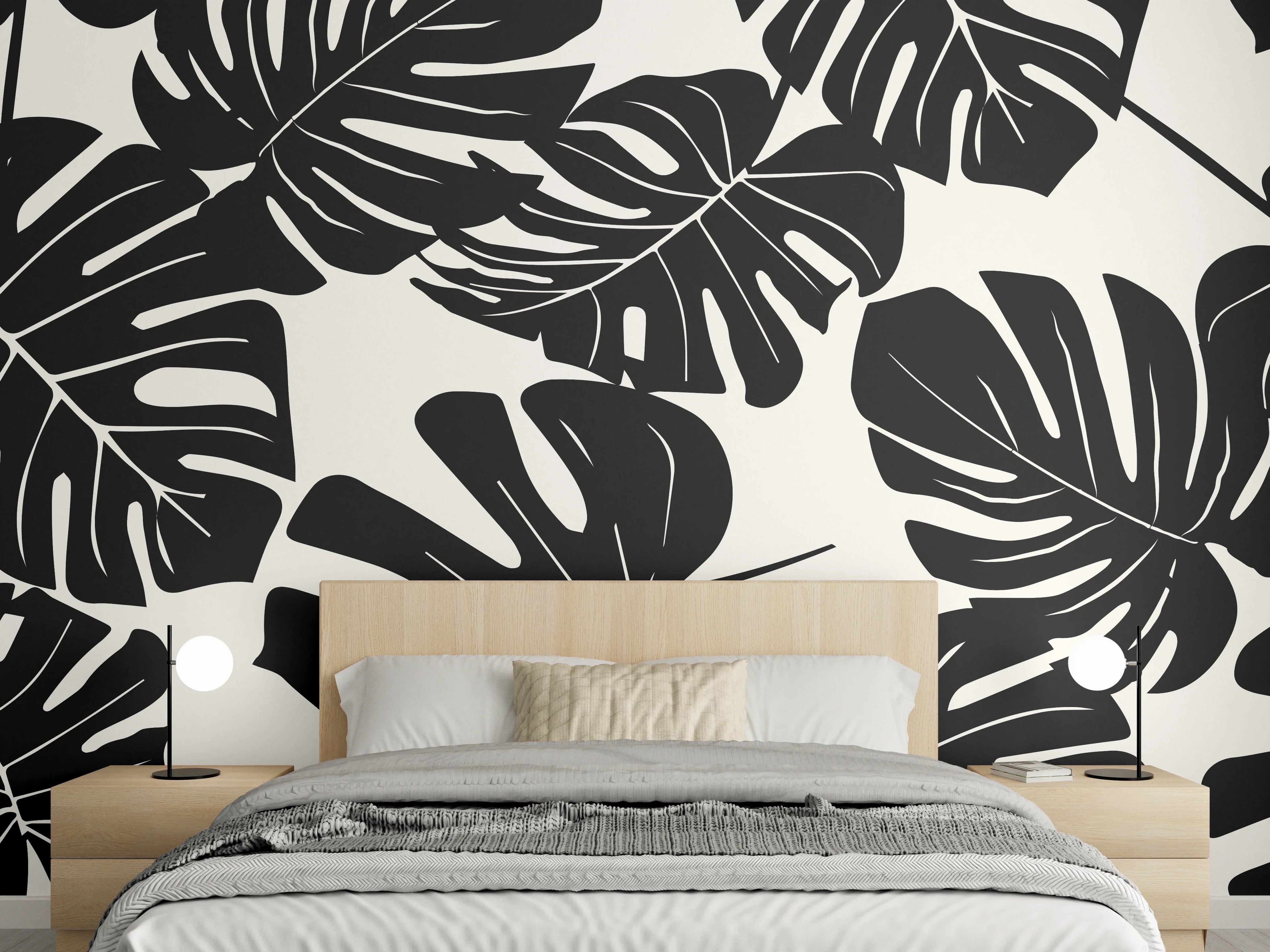 Wandverkleidung Schlafzimmer - Monstera Schwarz-Beige Muster