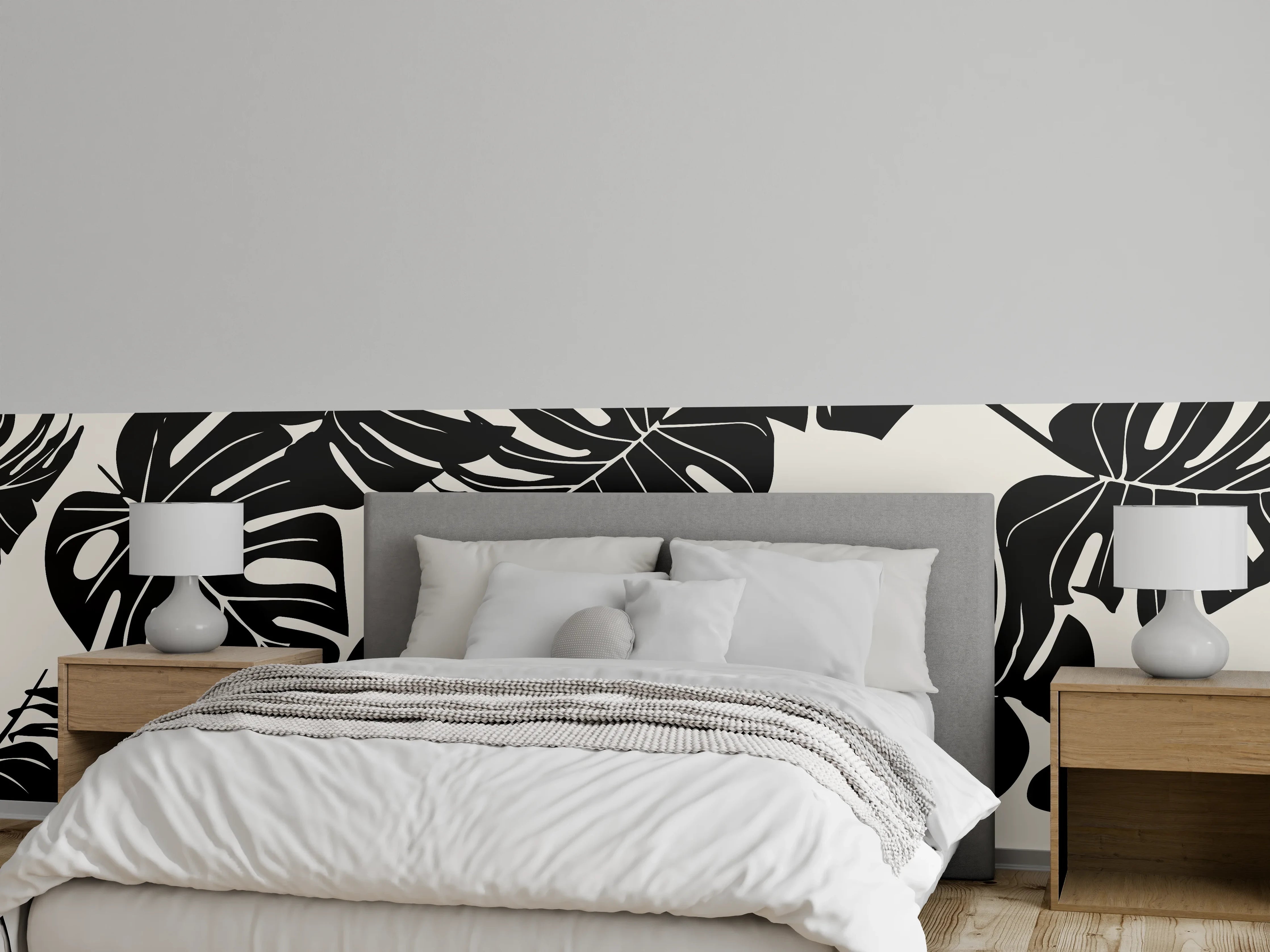 Wandverkleidung Schlafzimmer - Monstera Schwarz-Beige Muster