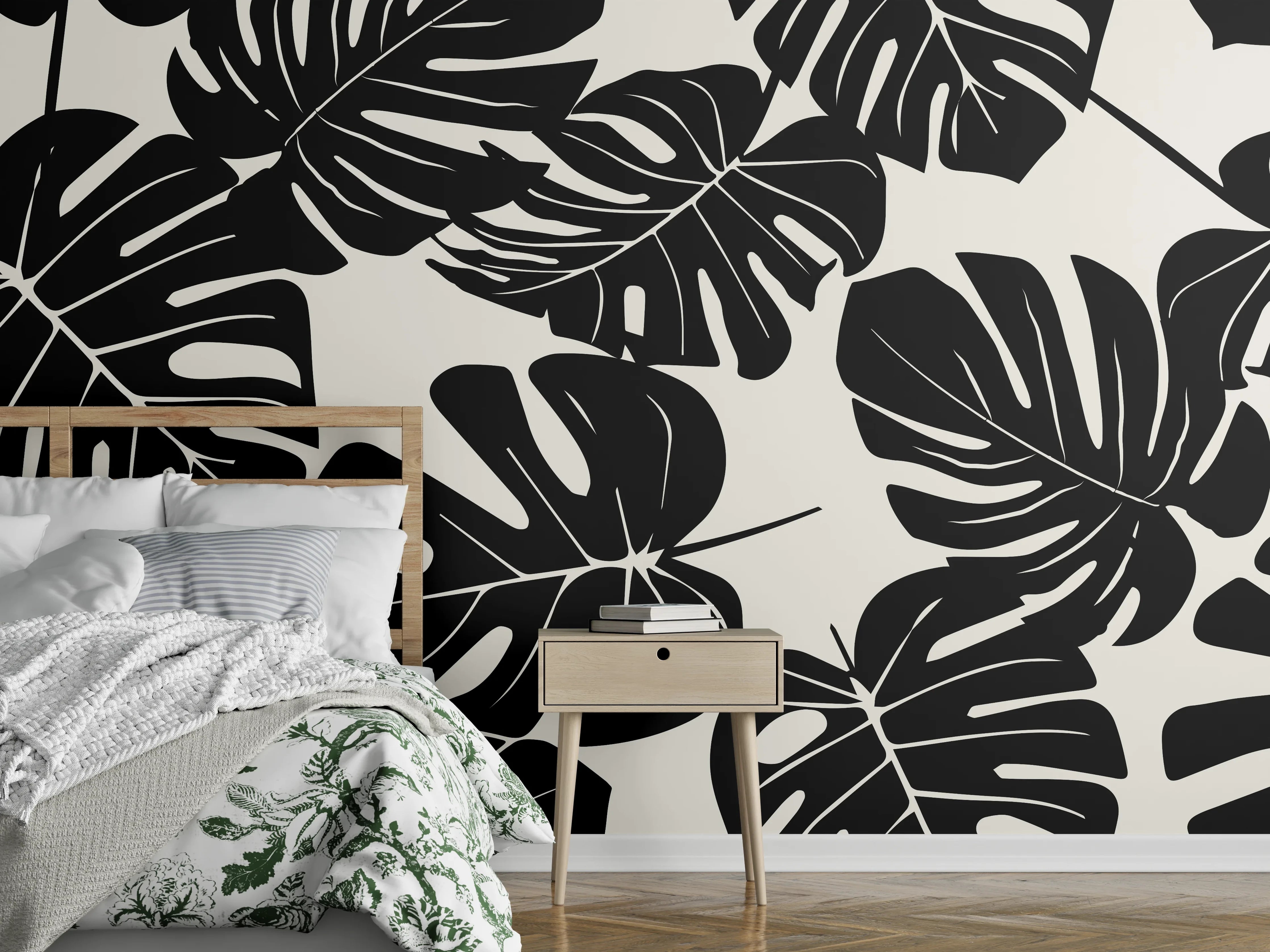 Wandverkleidung Schlafzimmer - Monstera Schwarz-Beige Muster