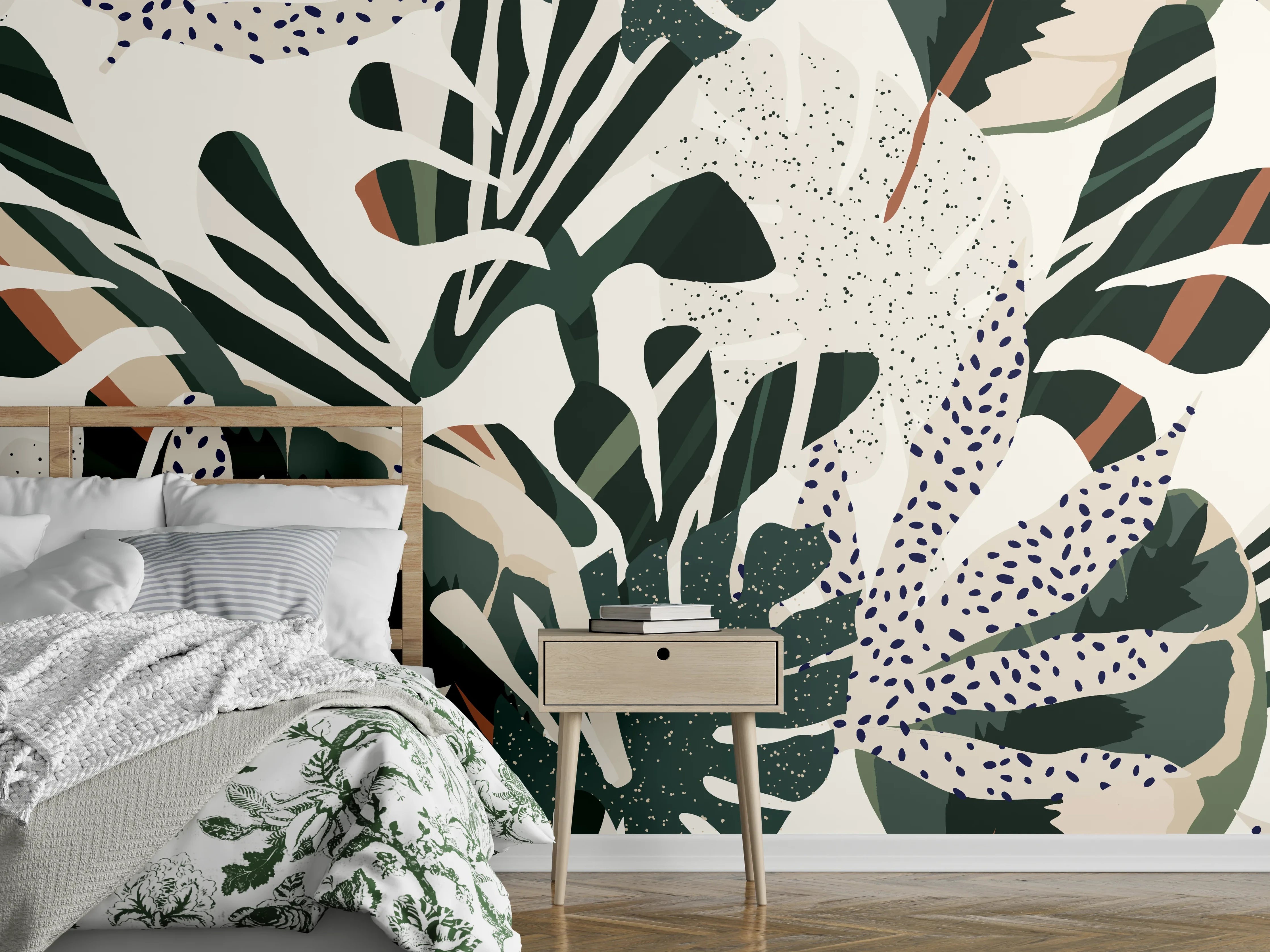 Wandverkleidung Schlafzimmer - Monstera Tropic Grün-Beige