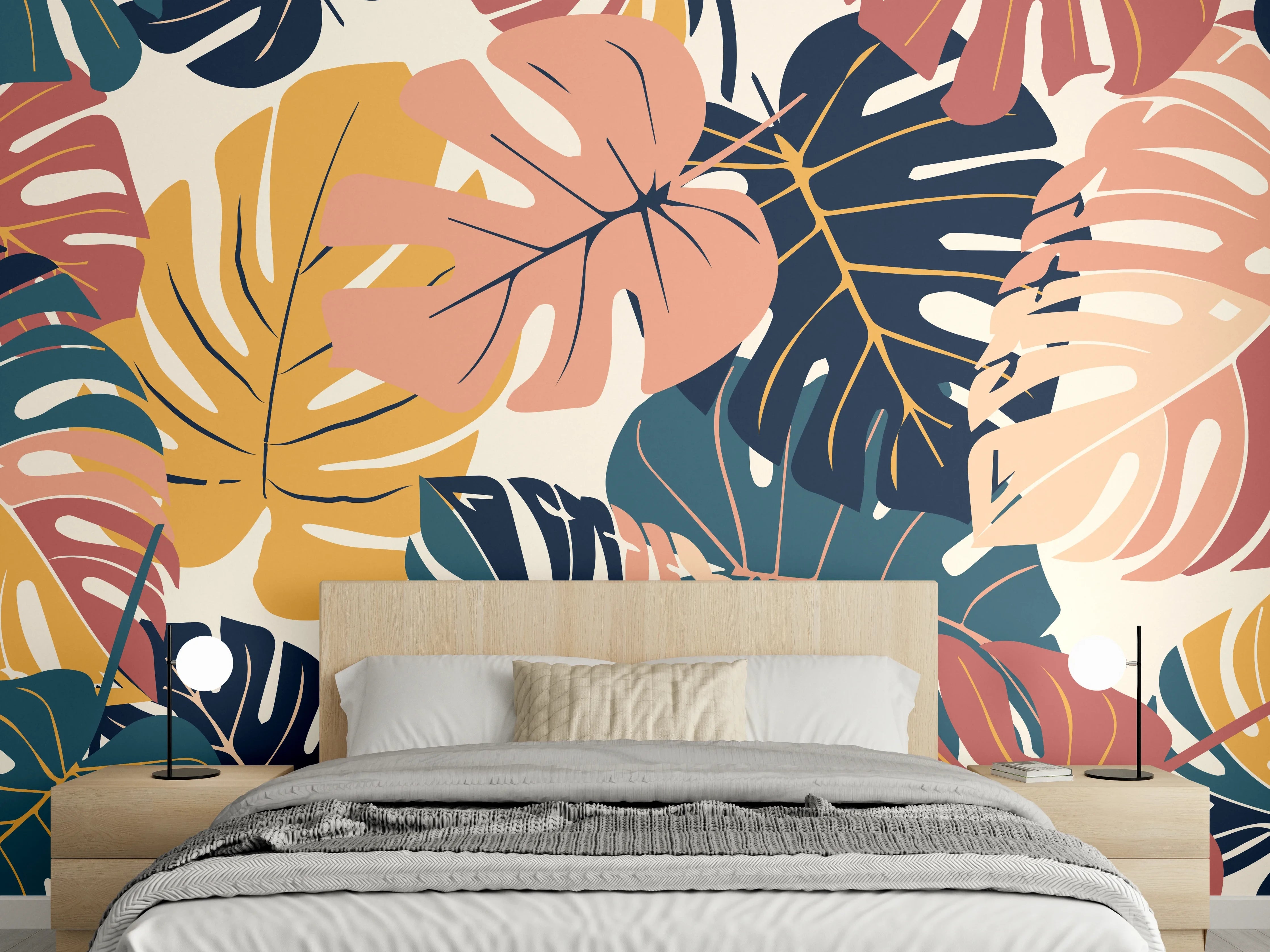 Wandverkleidung Schlafzimmer - Monstera Tropic Koralle Türkis