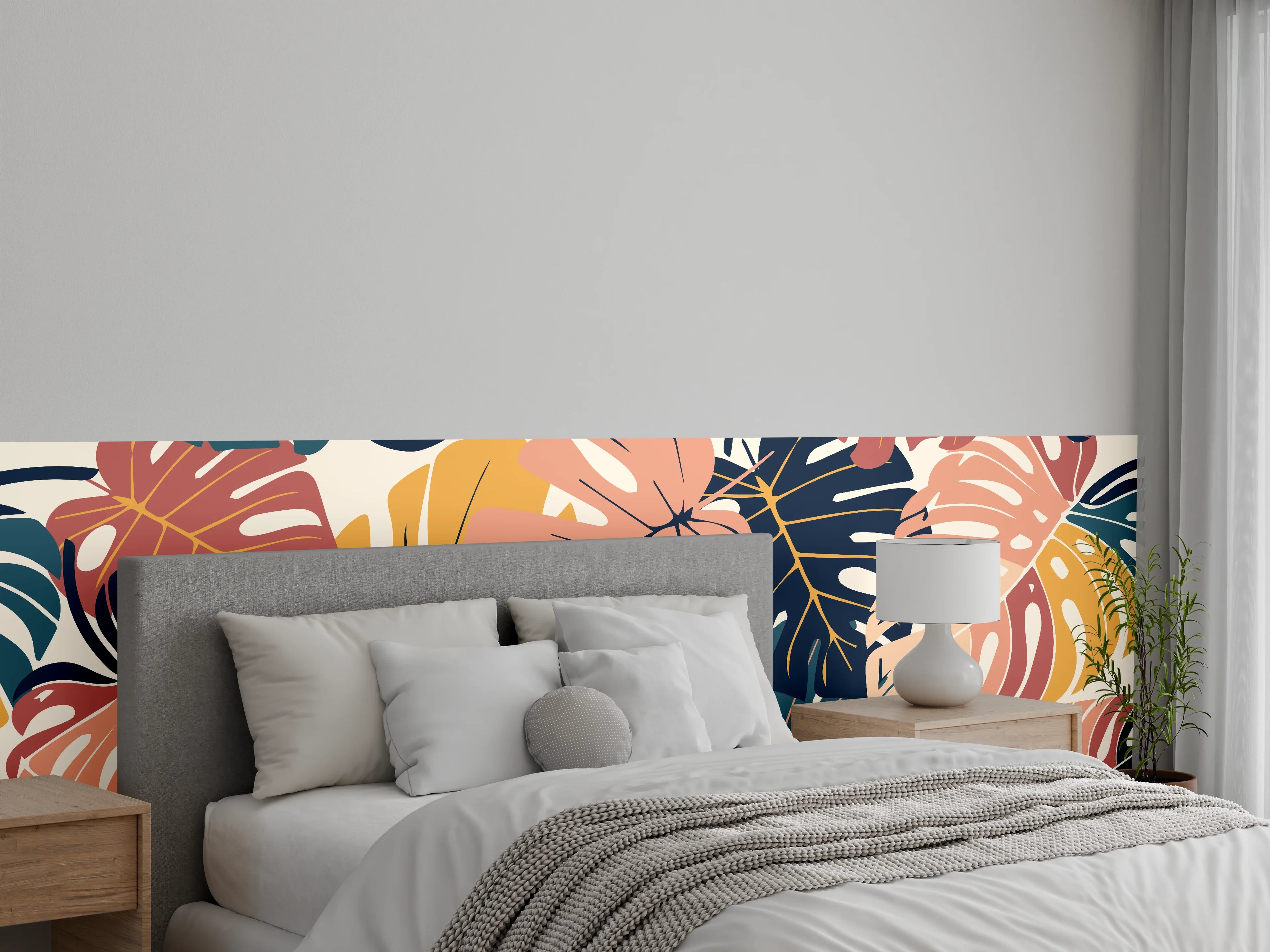 Wandverkleidung Schlafzimmer - Monstera Tropic Koralle Türkis