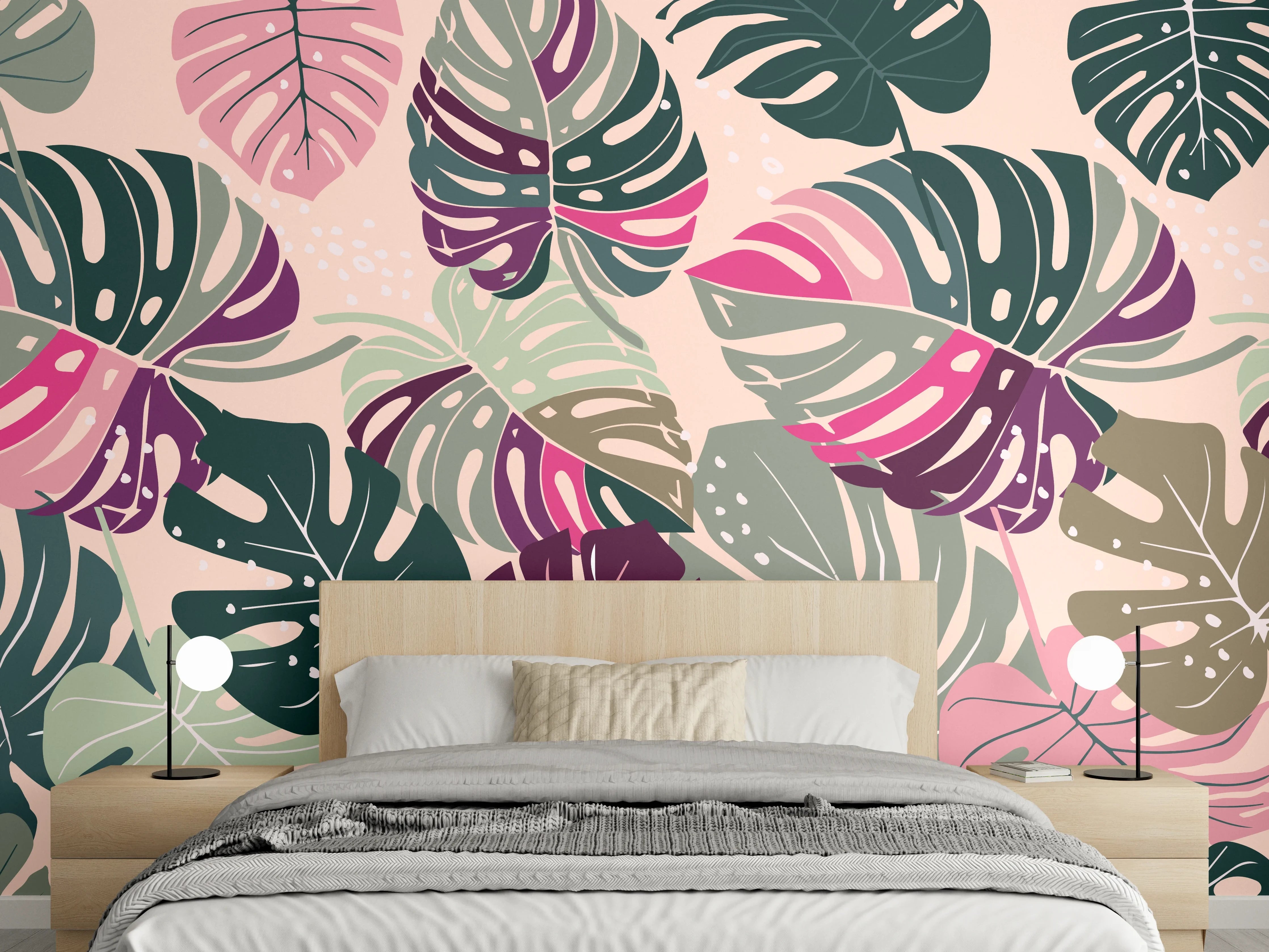 Wandverkleidung Schlafzimmer - Monstera Tropic Rosa-Grün