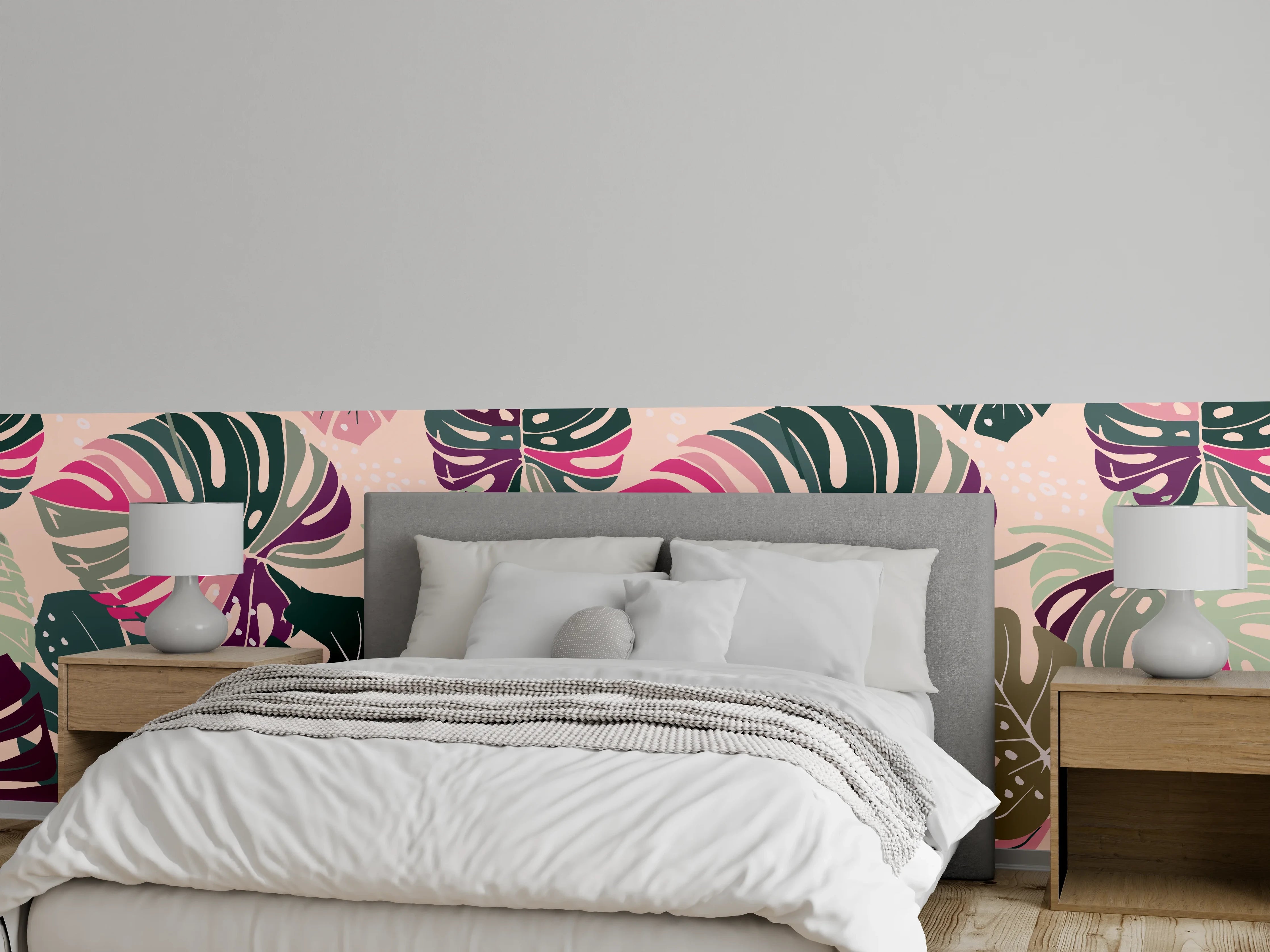 Wandverkleidung Schlafzimmer - Monstera Tropic Rosa-Grün