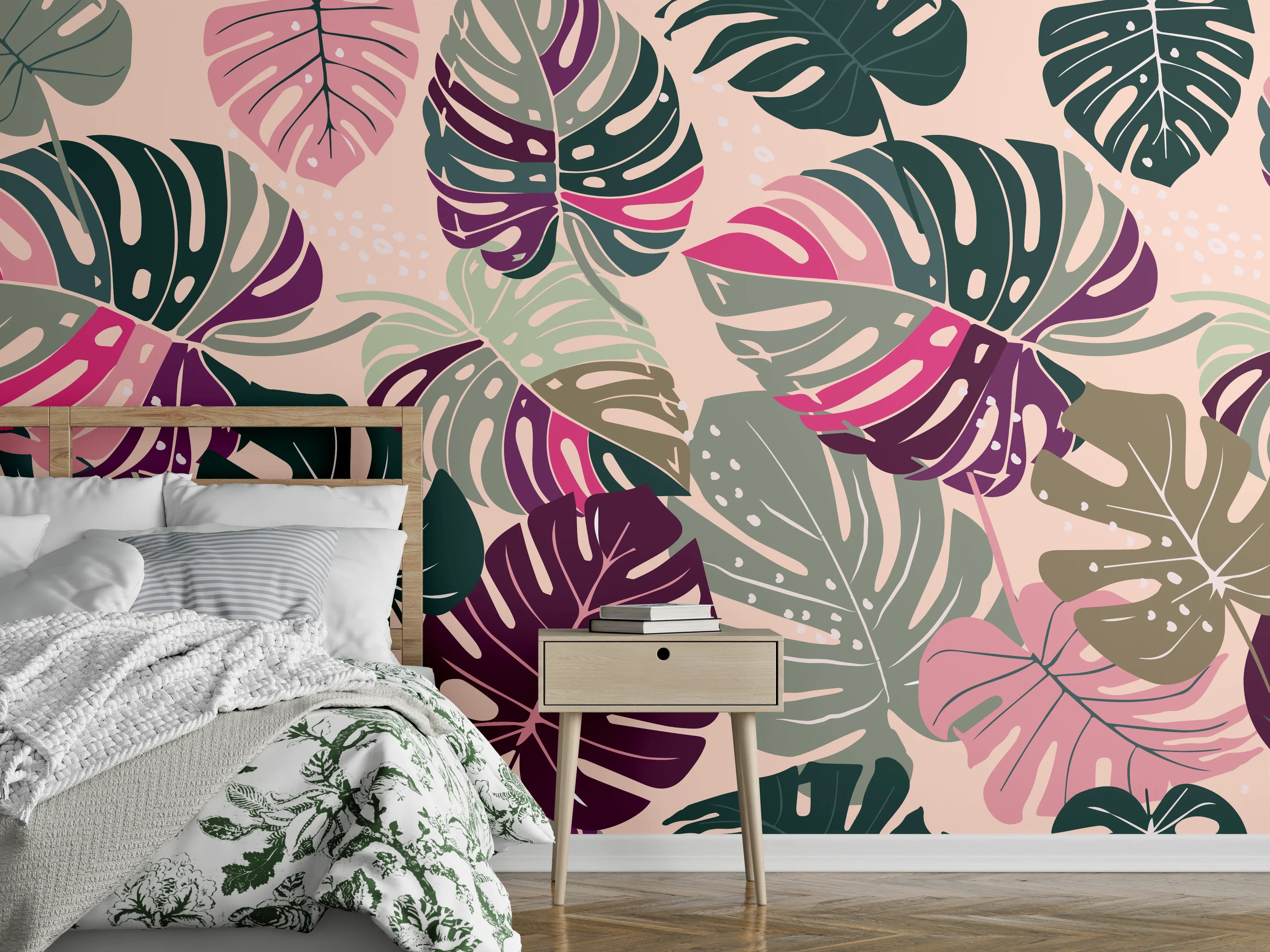 Wandverkleidung Schlafzimmer - Monstera Tropic Rosa-Grün