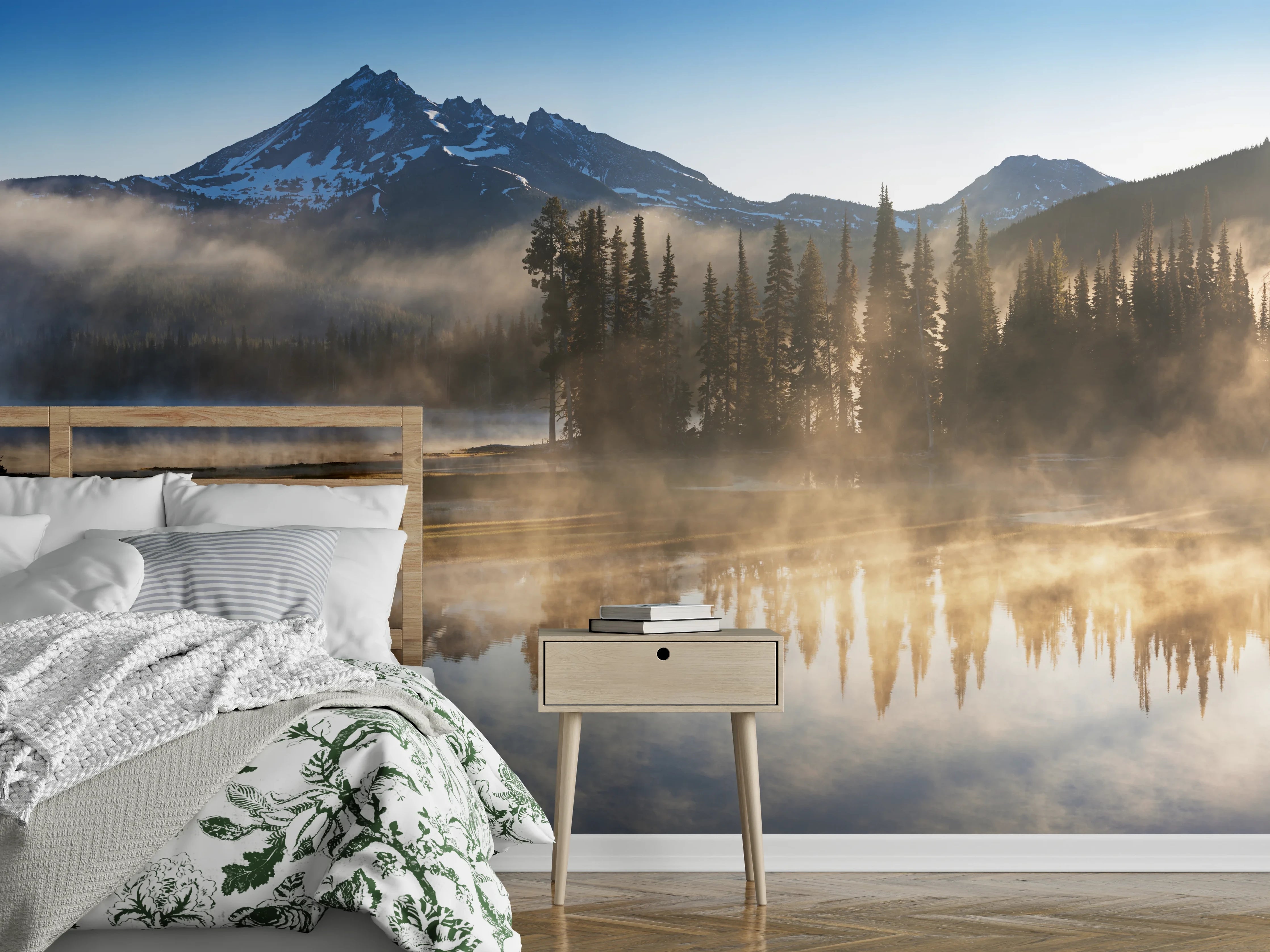 Wandverkleidung Schlafzimmer - Morgendämmerung am Bergsee Panorama
