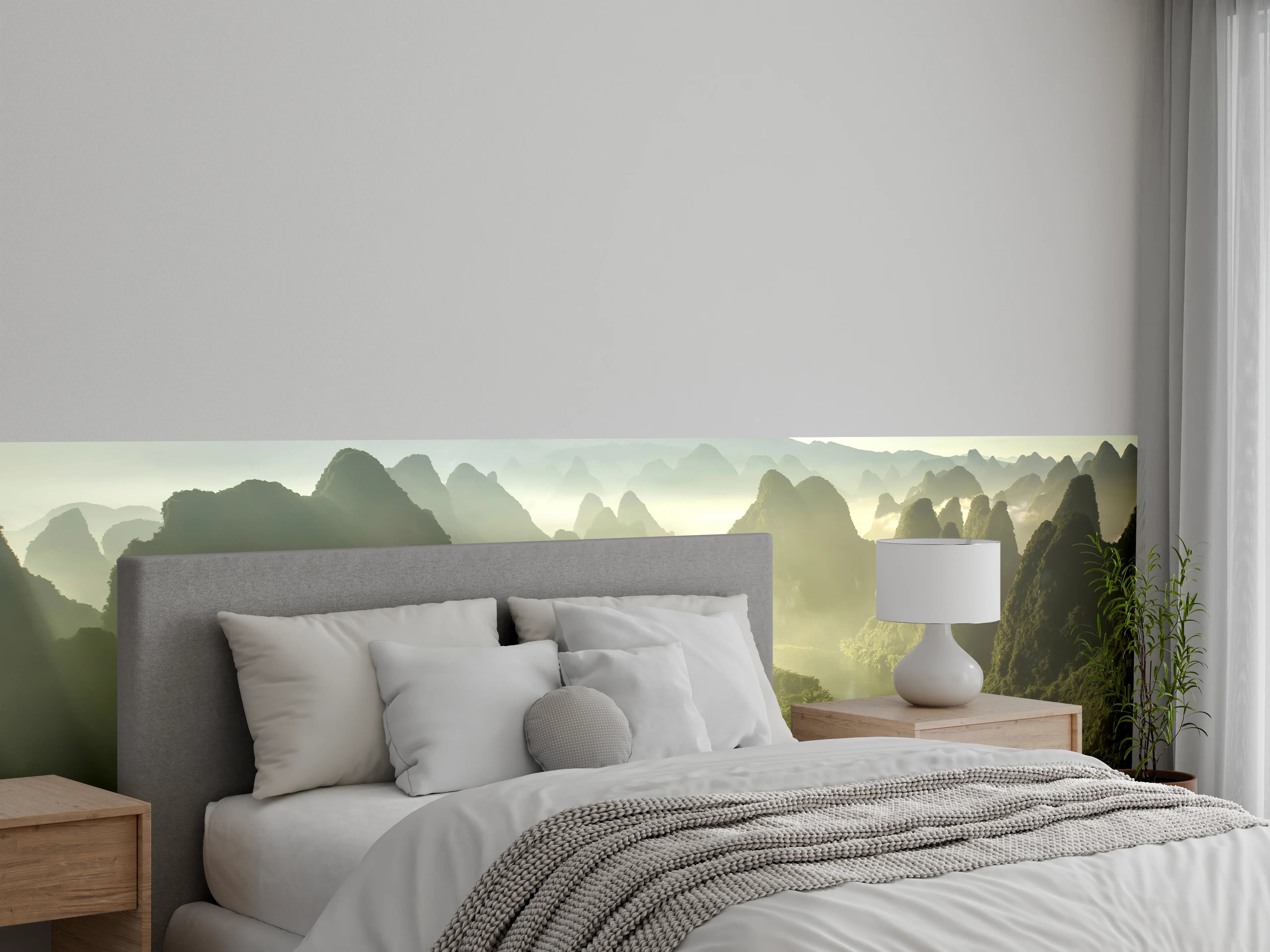 Wandverkleidung Schlafzimmer - Morgenlicht über mystischen Karstbergen