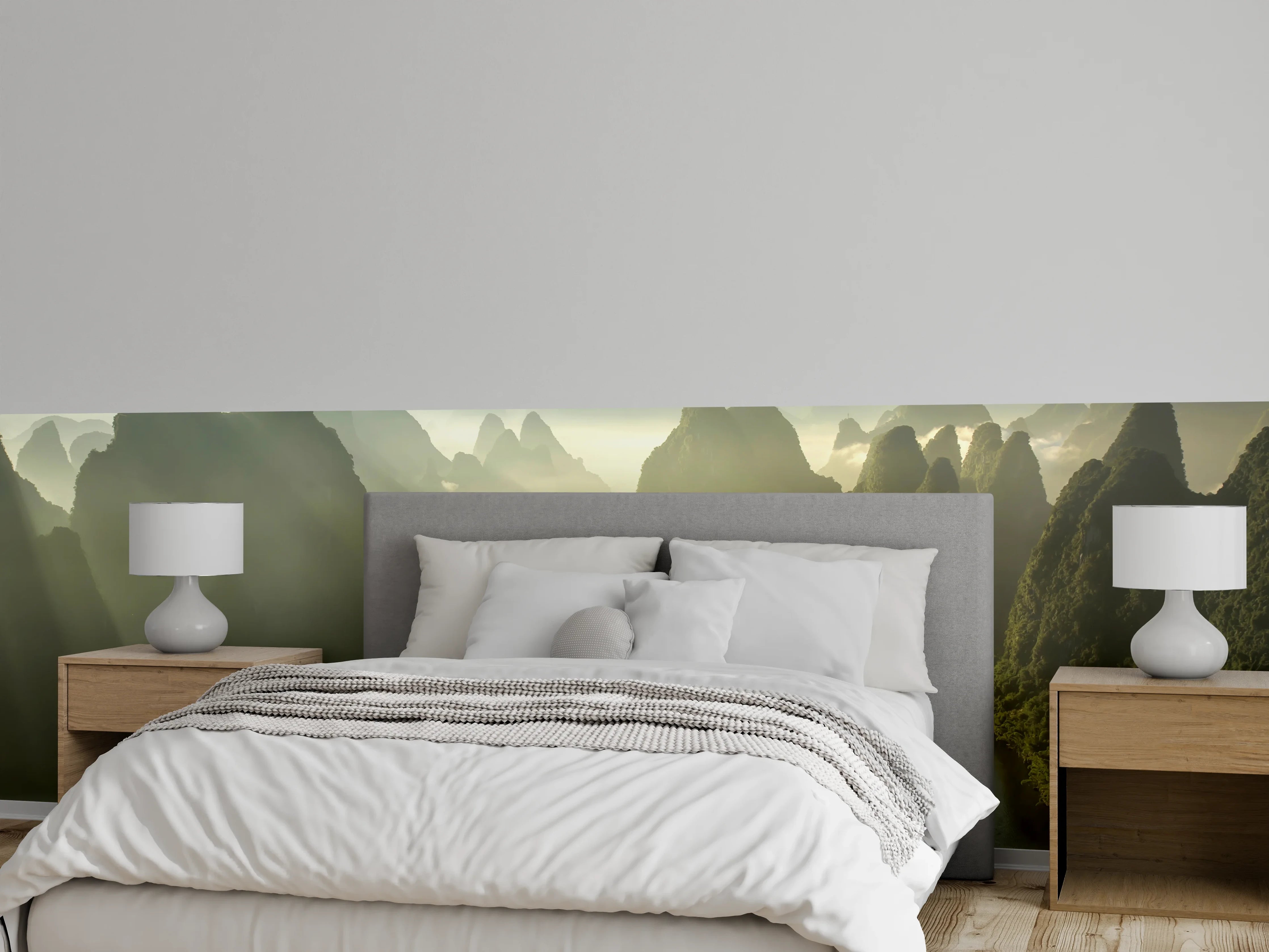 Wandverkleidung Schlafzimmer - Morgenlicht über mystischen Karstbergen