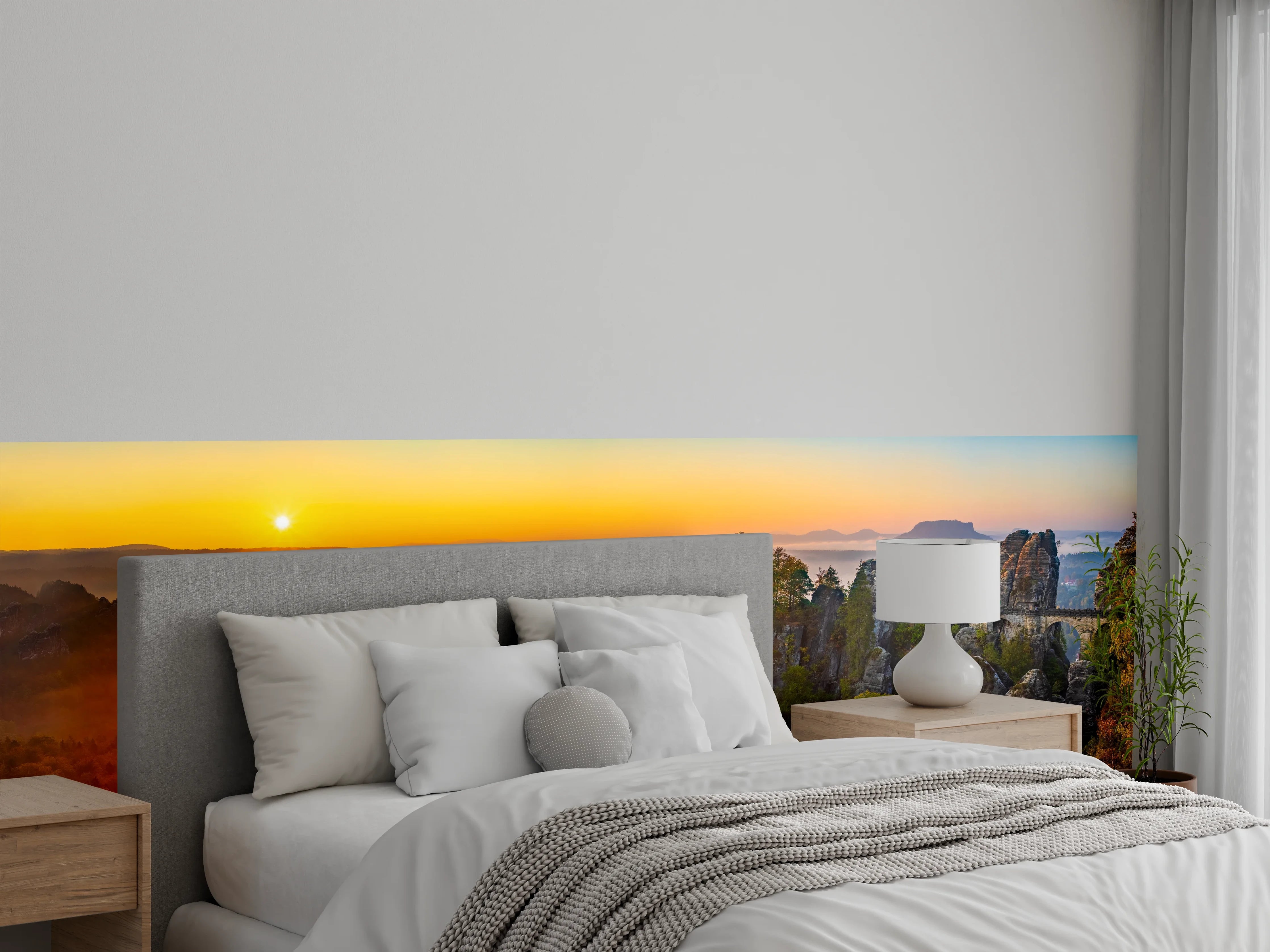 Wandverkleidung Schlafzimmer - Morgennebelgrau über Felsenbrücke