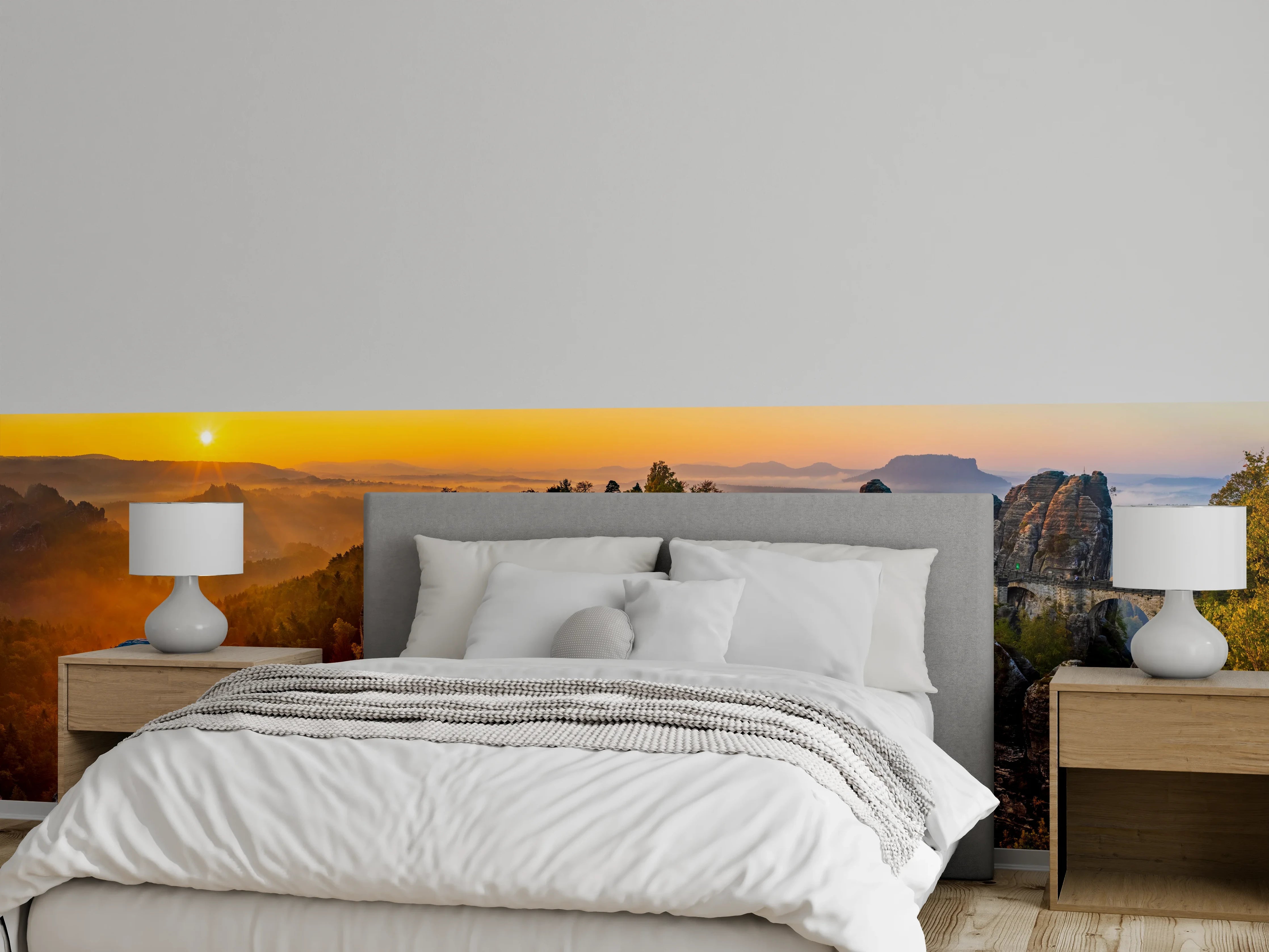 Wandverkleidung Schlafzimmer - Morgennebelgrau über Felsenbrücke