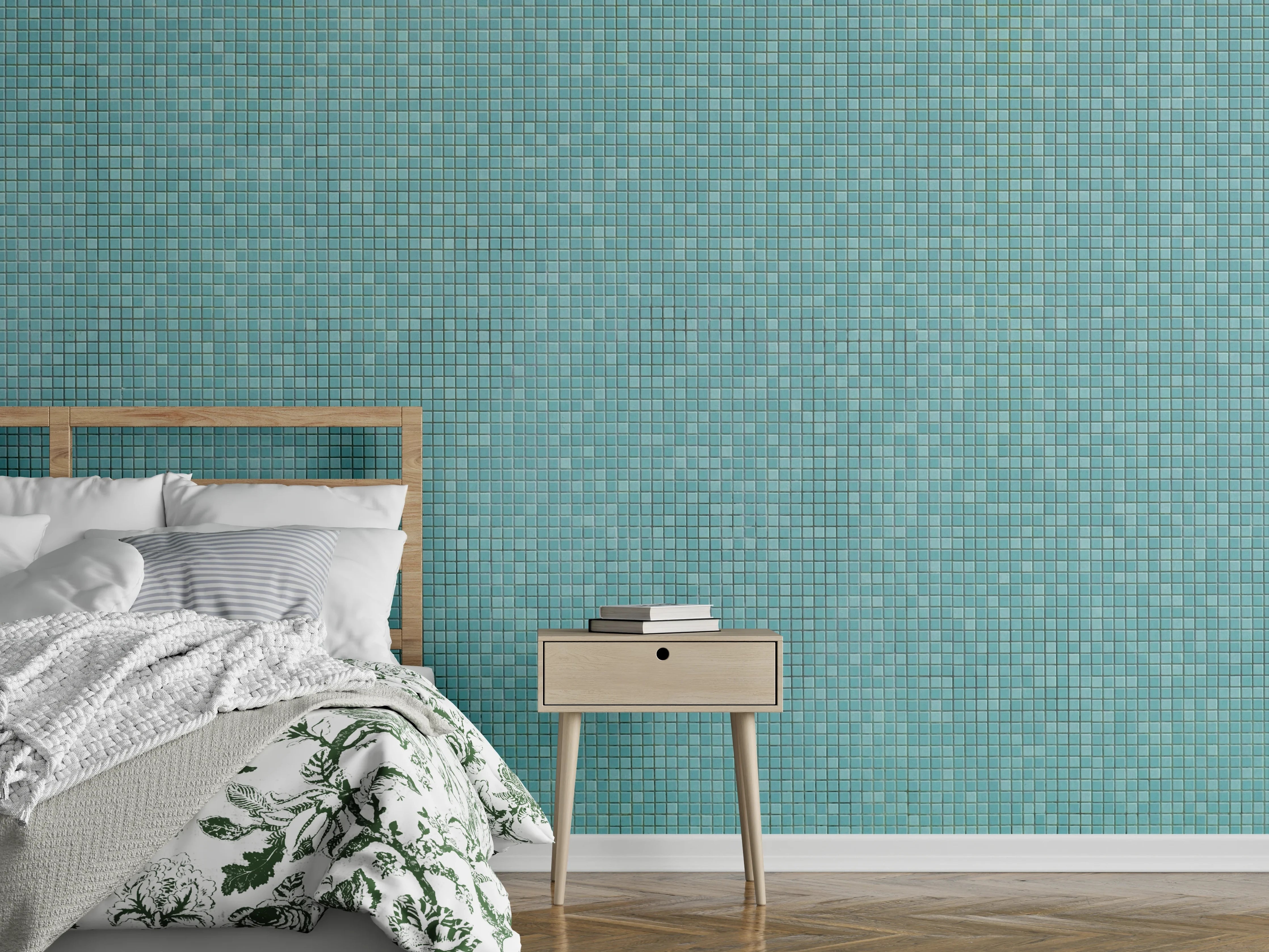 Wandverkleidung Schlafzimmer - Mosaikfliesen in Türkis – Moderne Optik