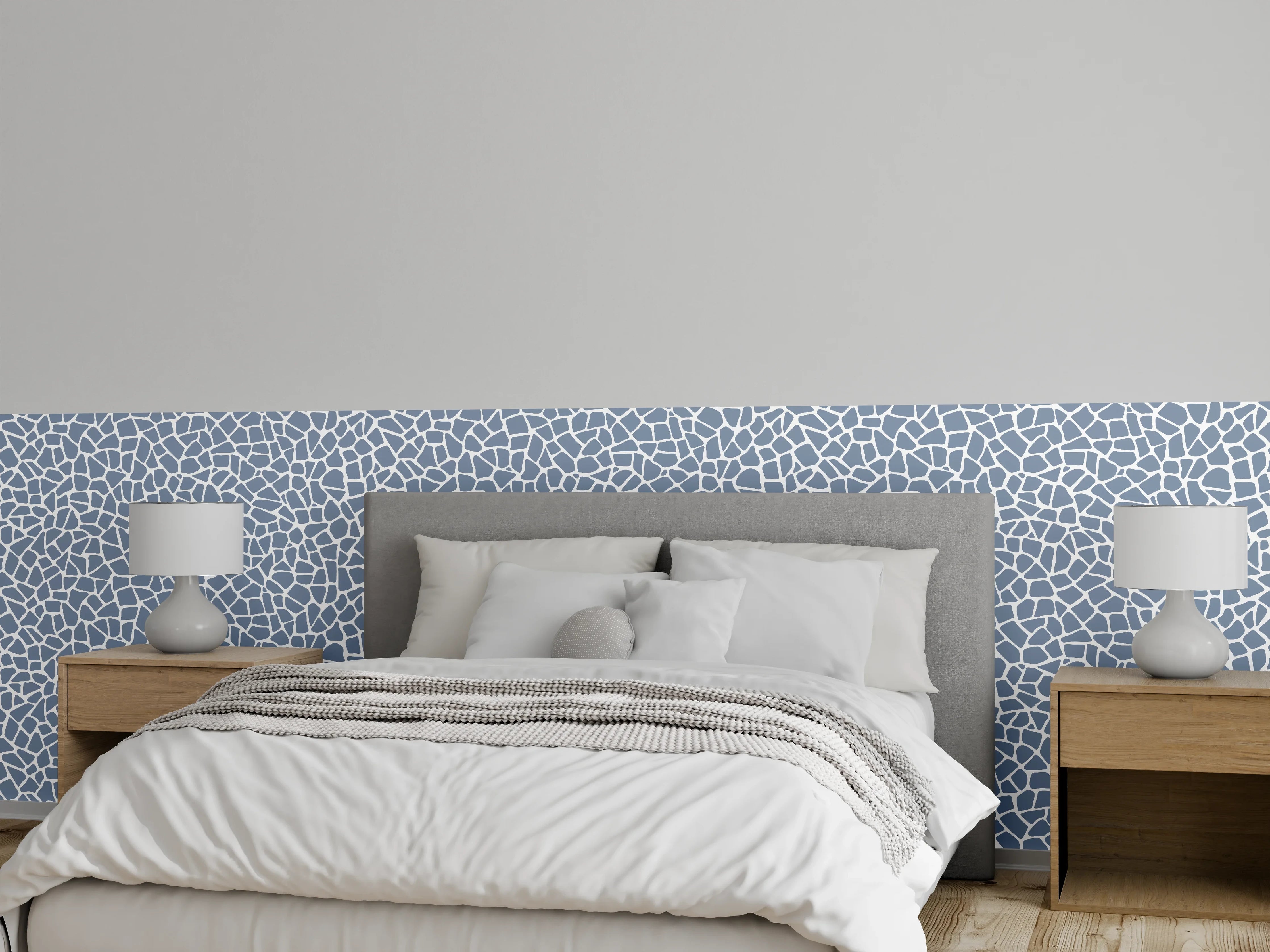 Wandverkleidung Schlafzimmer - Mosaikstruktur in Blau-Grau Weißoptik