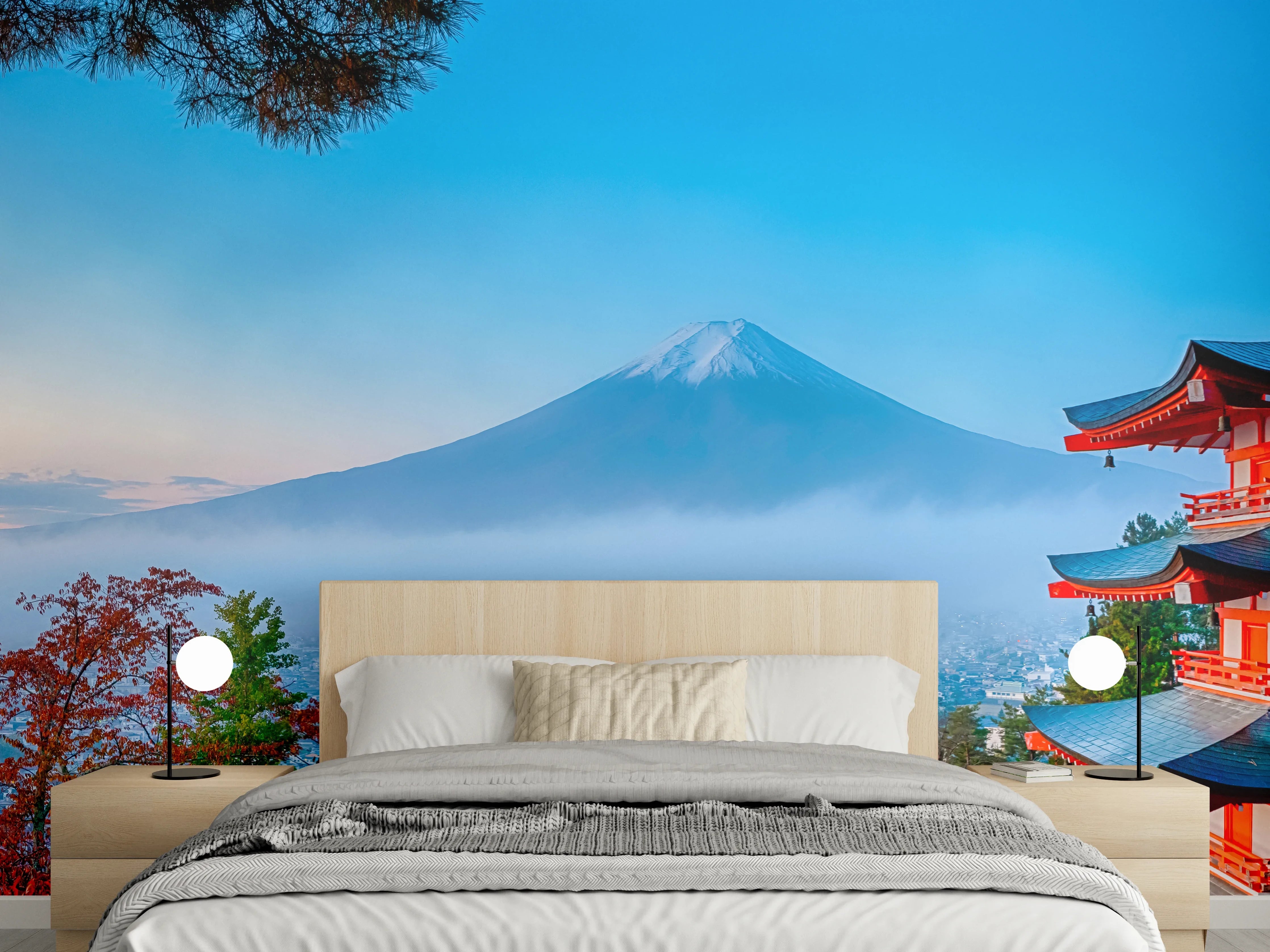 Wandverkleidung Schlafzimmer - Mount Fuji mit Pagode im Herbst
