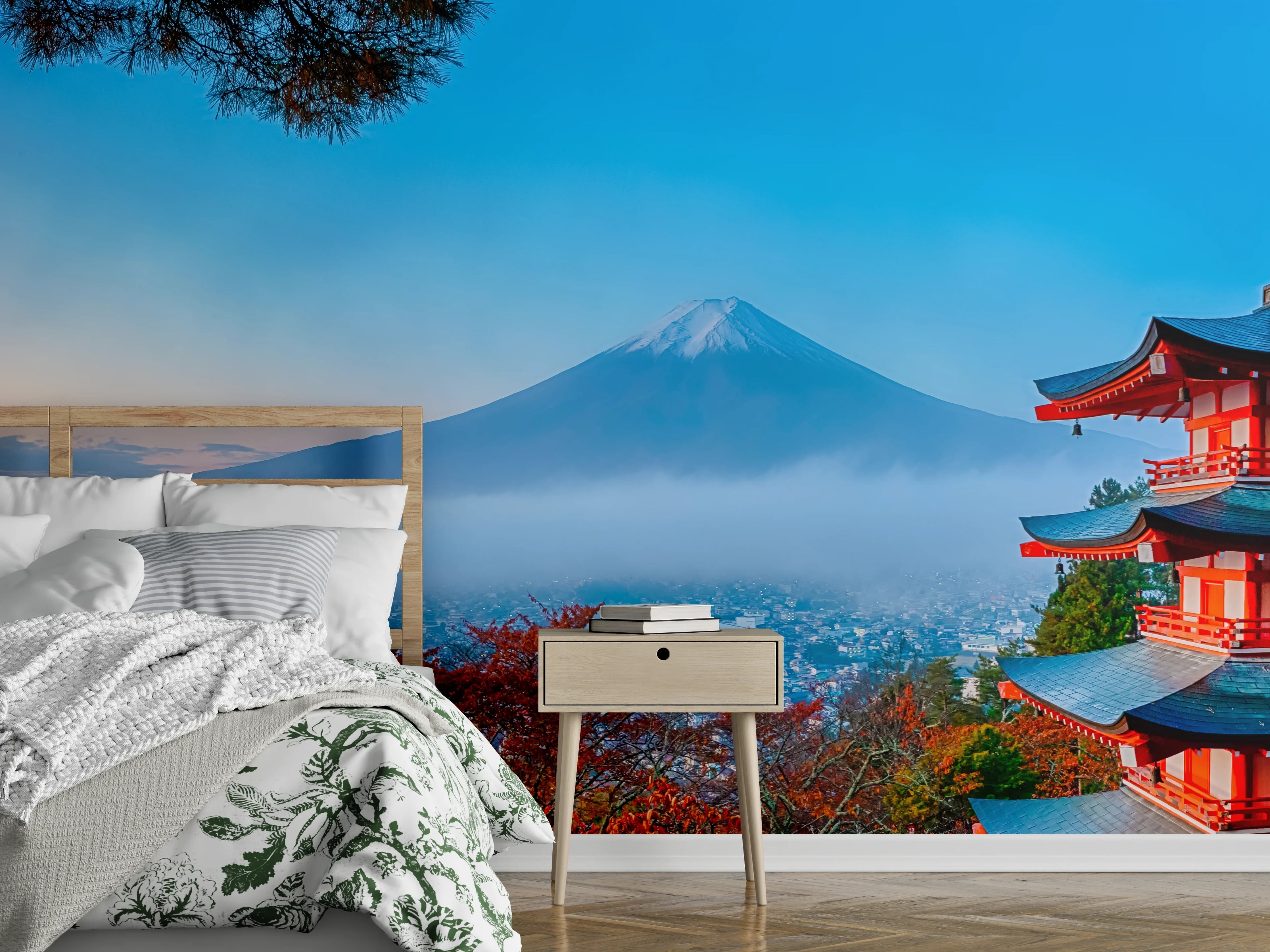 Wandverkleidung Schlafzimmer - Mount Fuji mit Pagode im Herbst