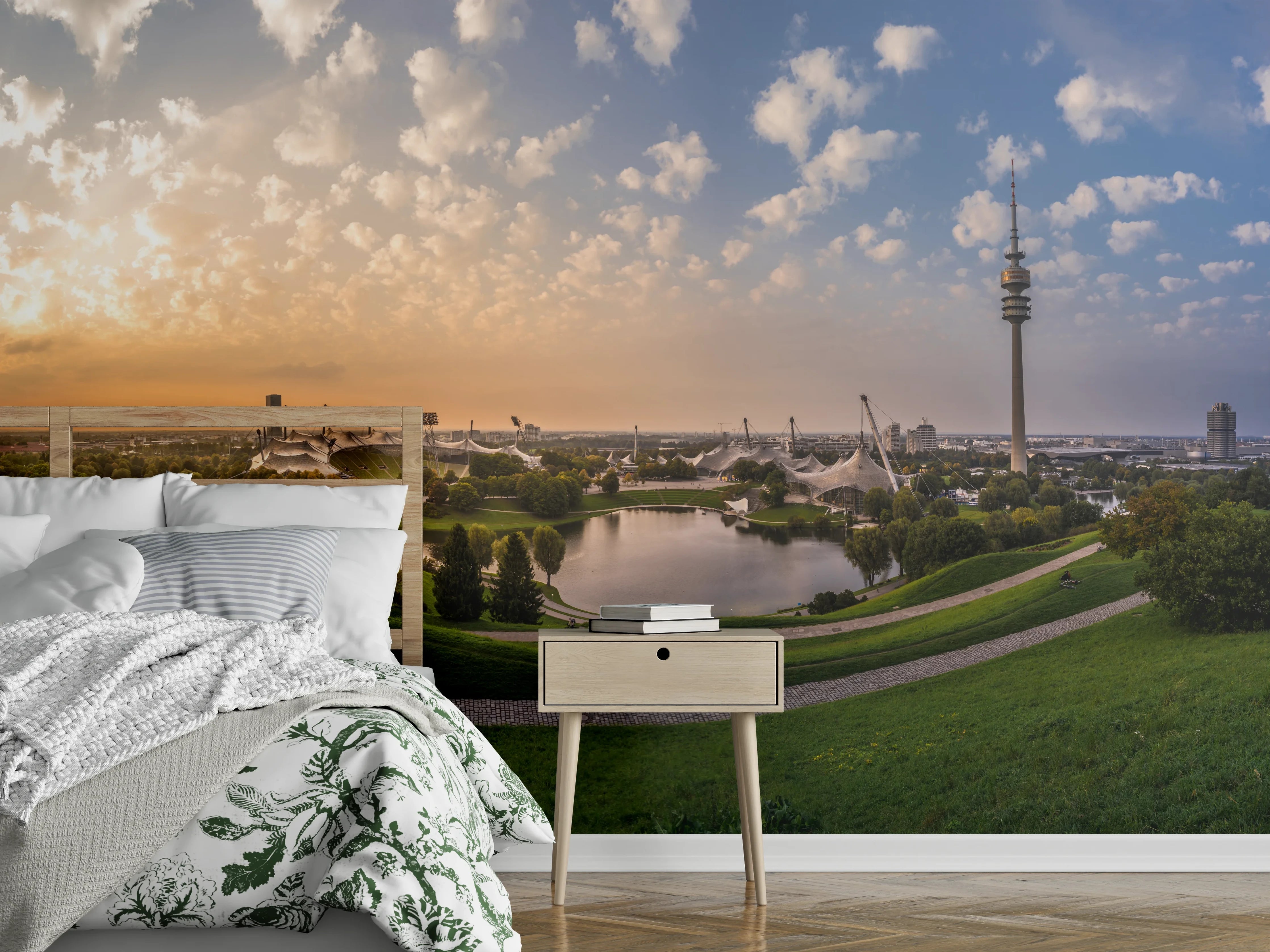 Wandverkleidung Schlafzimmer - München Olympiaberg mit Sonnenuntergang