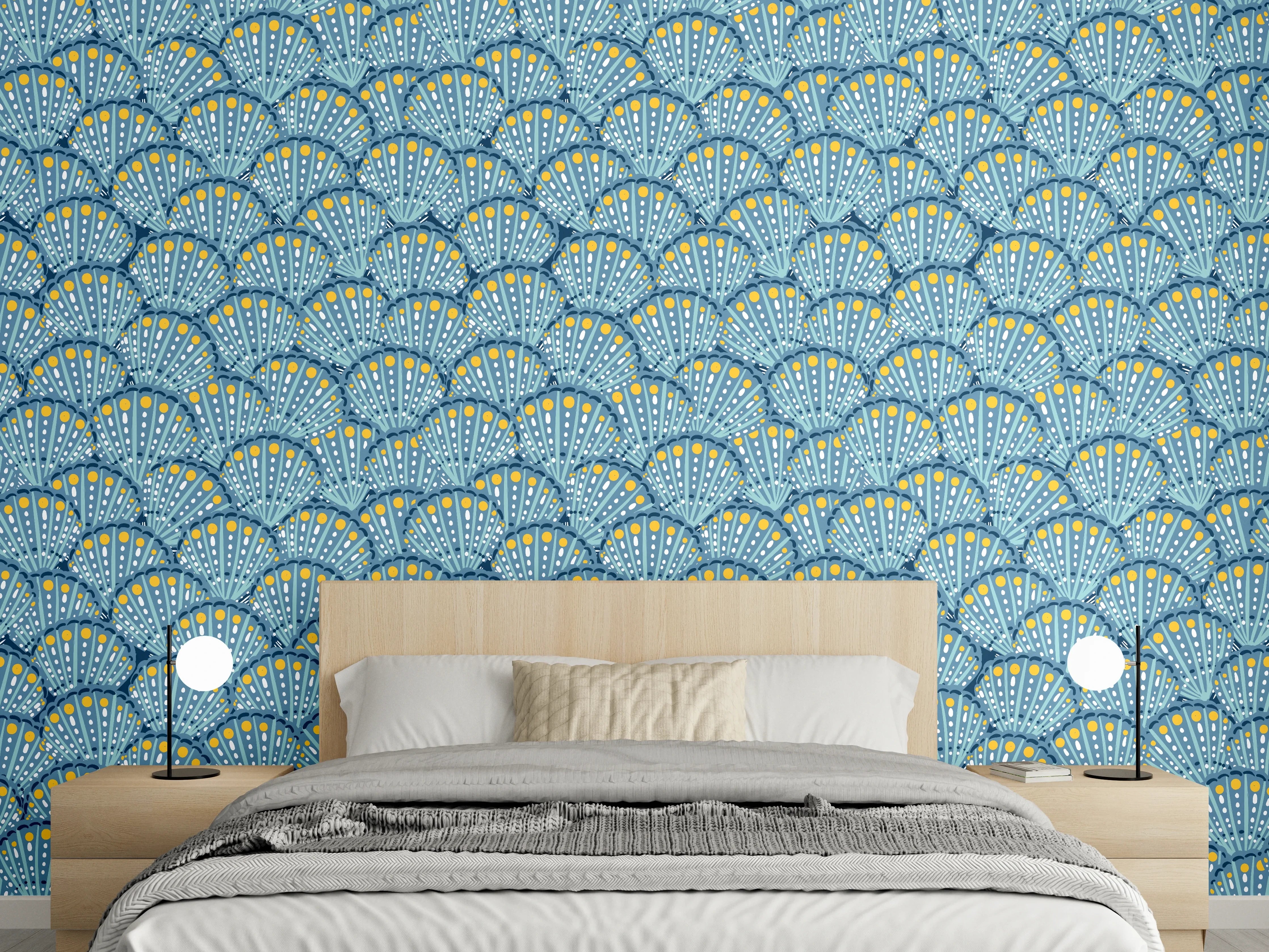Wandverkleidung Schlafzimmer - Muschel-Muster Blau-Gelb