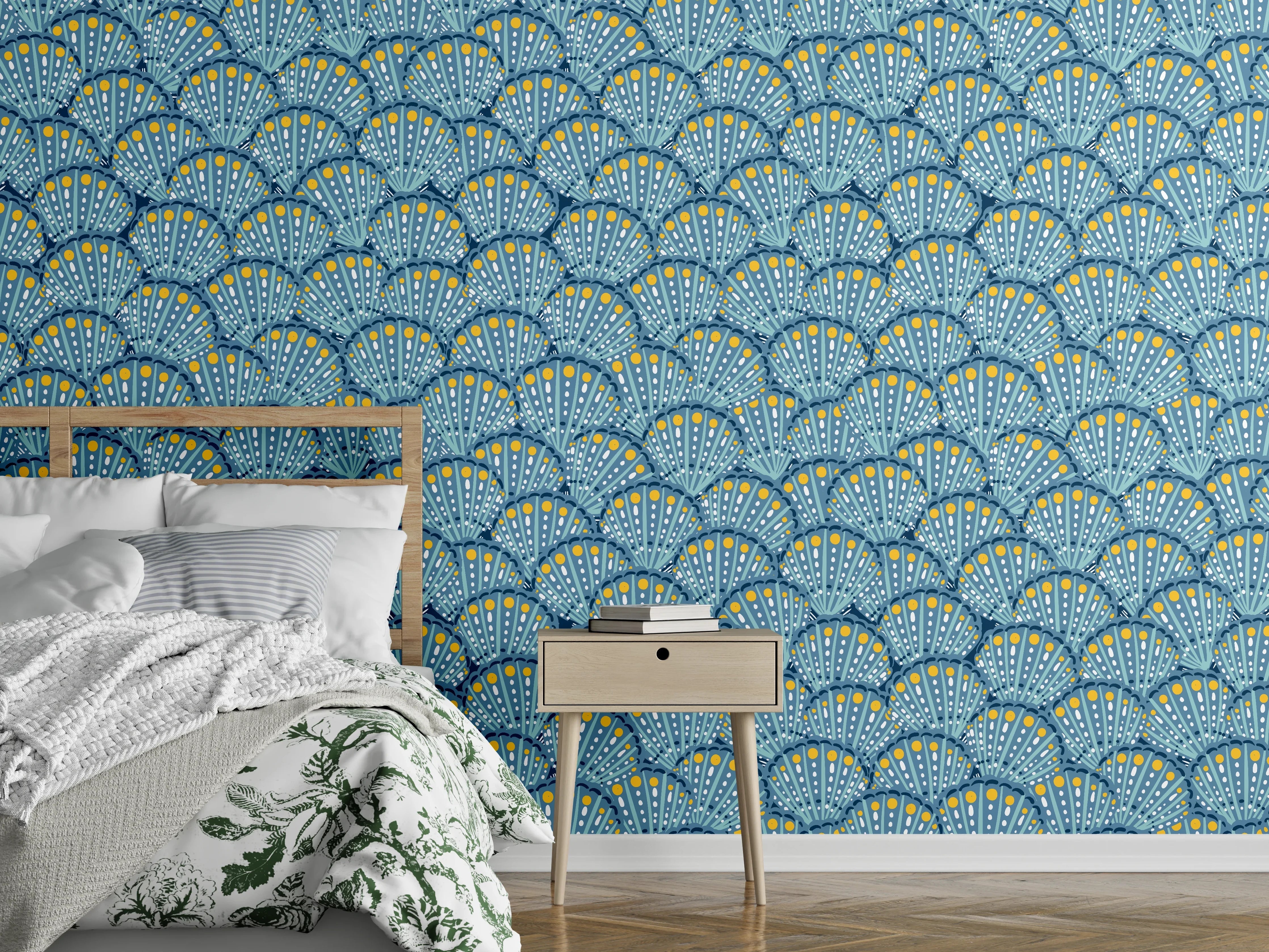 Wandverkleidung Schlafzimmer - Muschel-Muster Blau-Gelb
