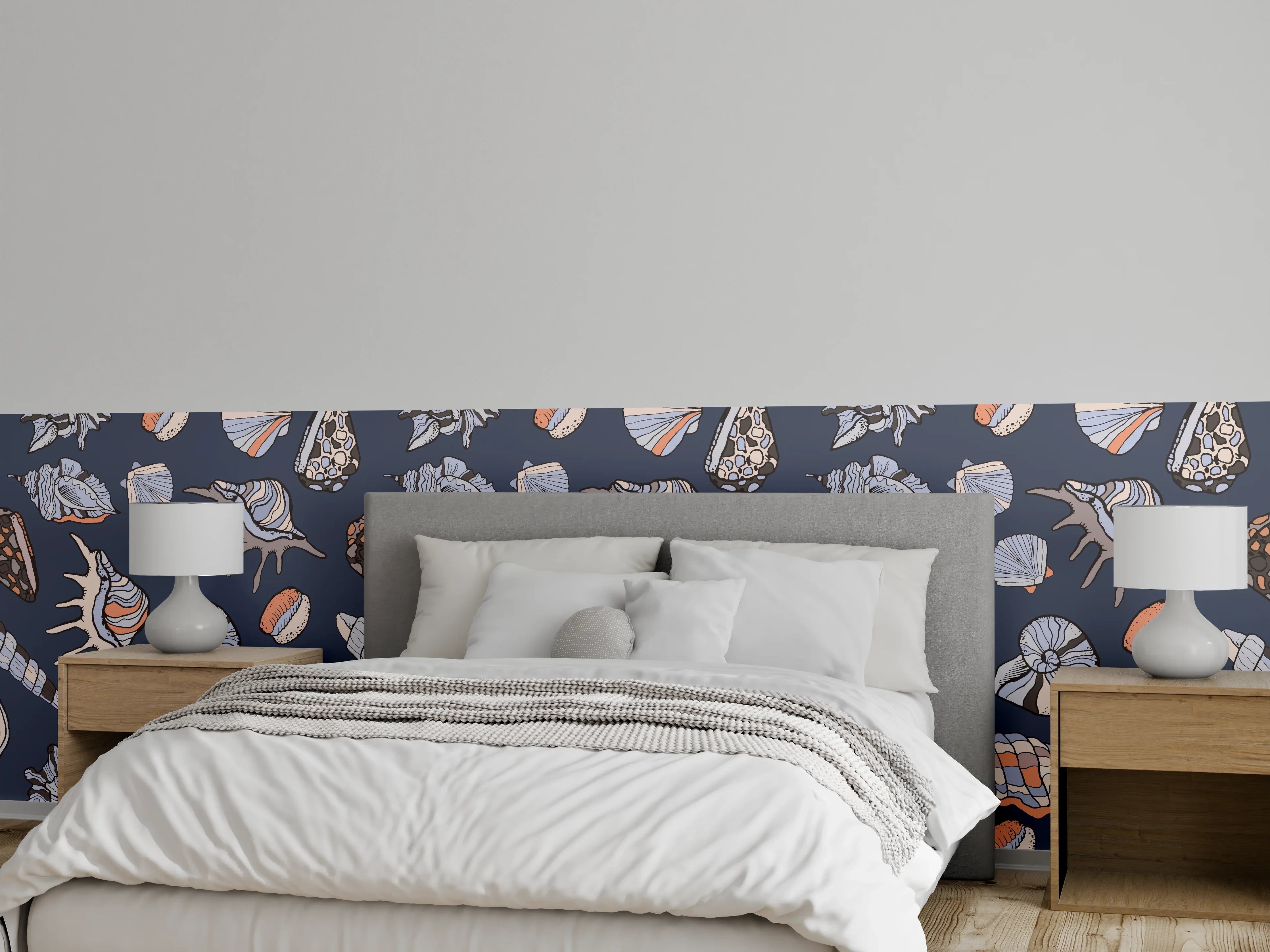 Wandverkleidung Schlafzimmer - Muschelmuster Navy Beige Orange