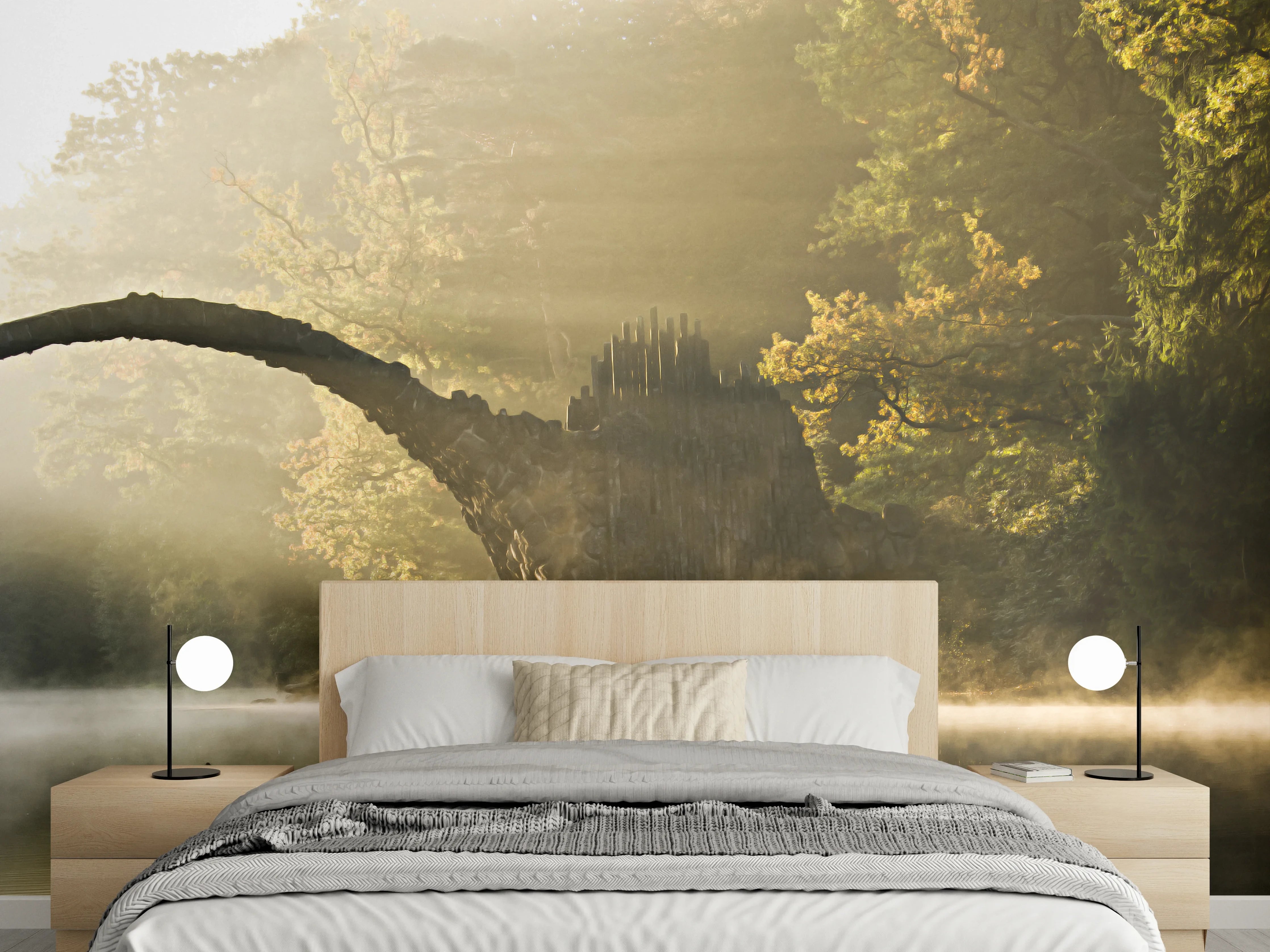 Wandverkleidung Schlafzimmer - Mystische Brücke im Morgendunst