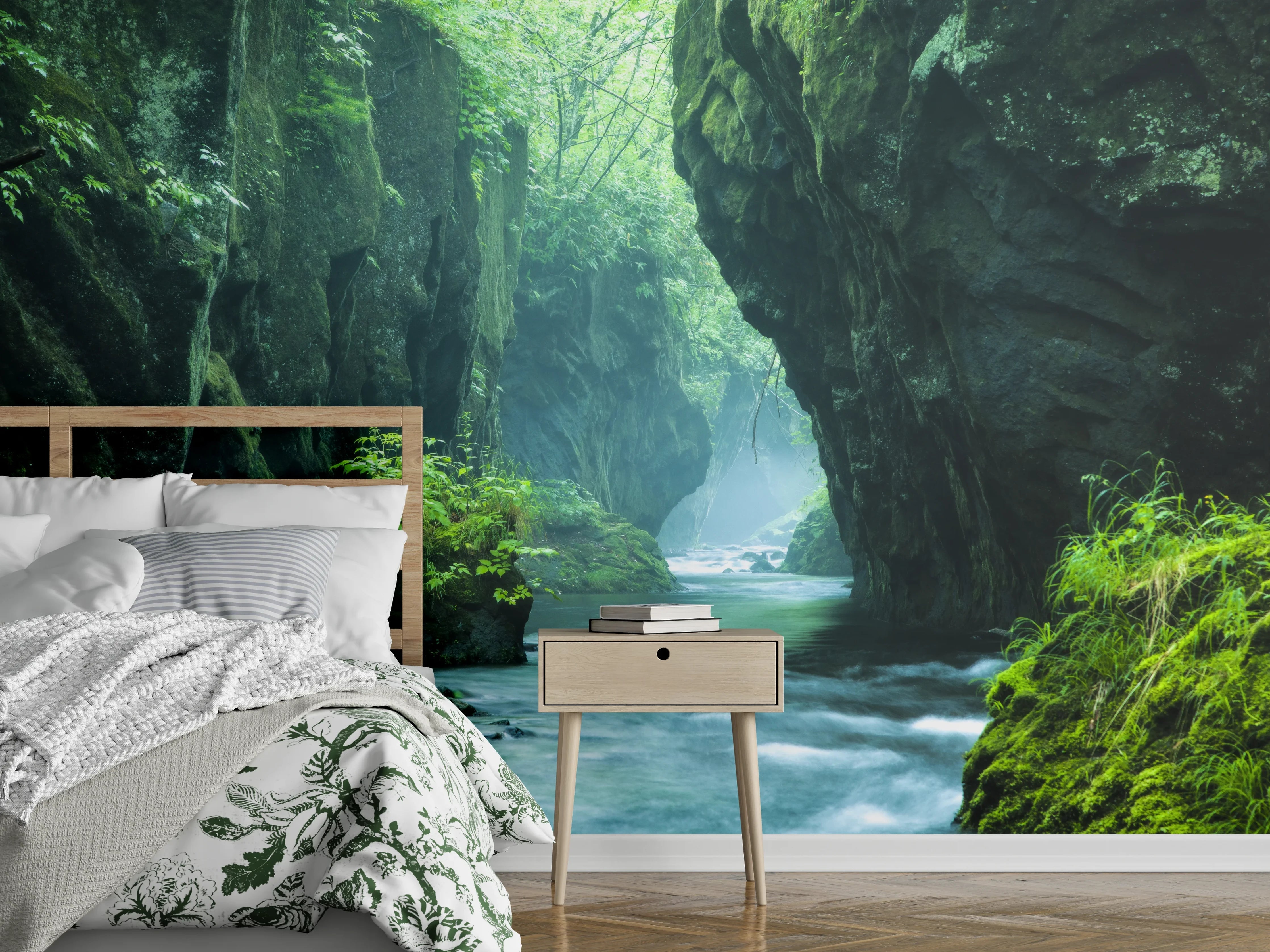 Wandverkleidung Schlafzimmer - Mystische Flusslandschaft im grünen Canyon