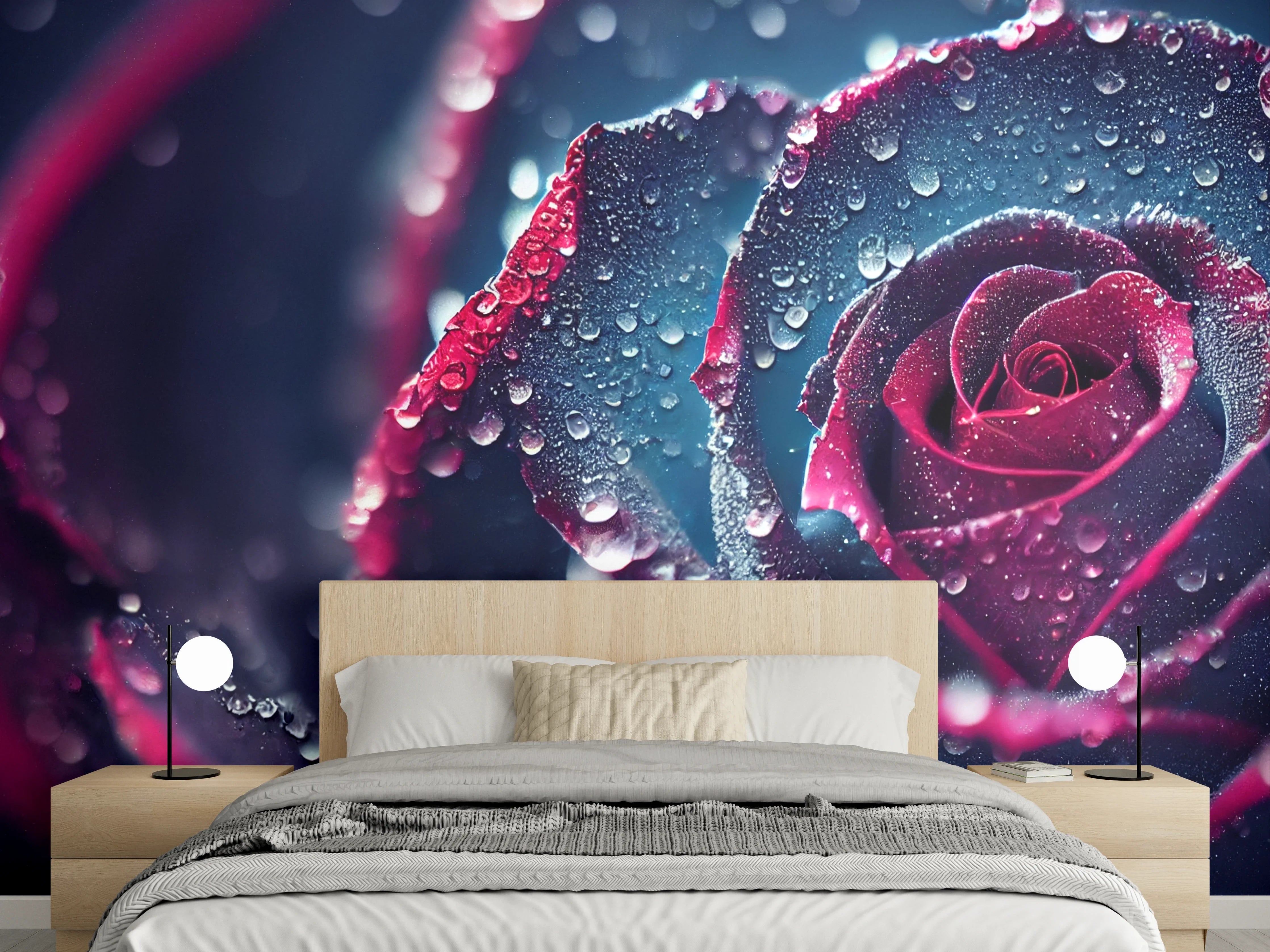 Wandverkleidung Schlafzimmer - Mystische blaue Rose mit Tautropfen