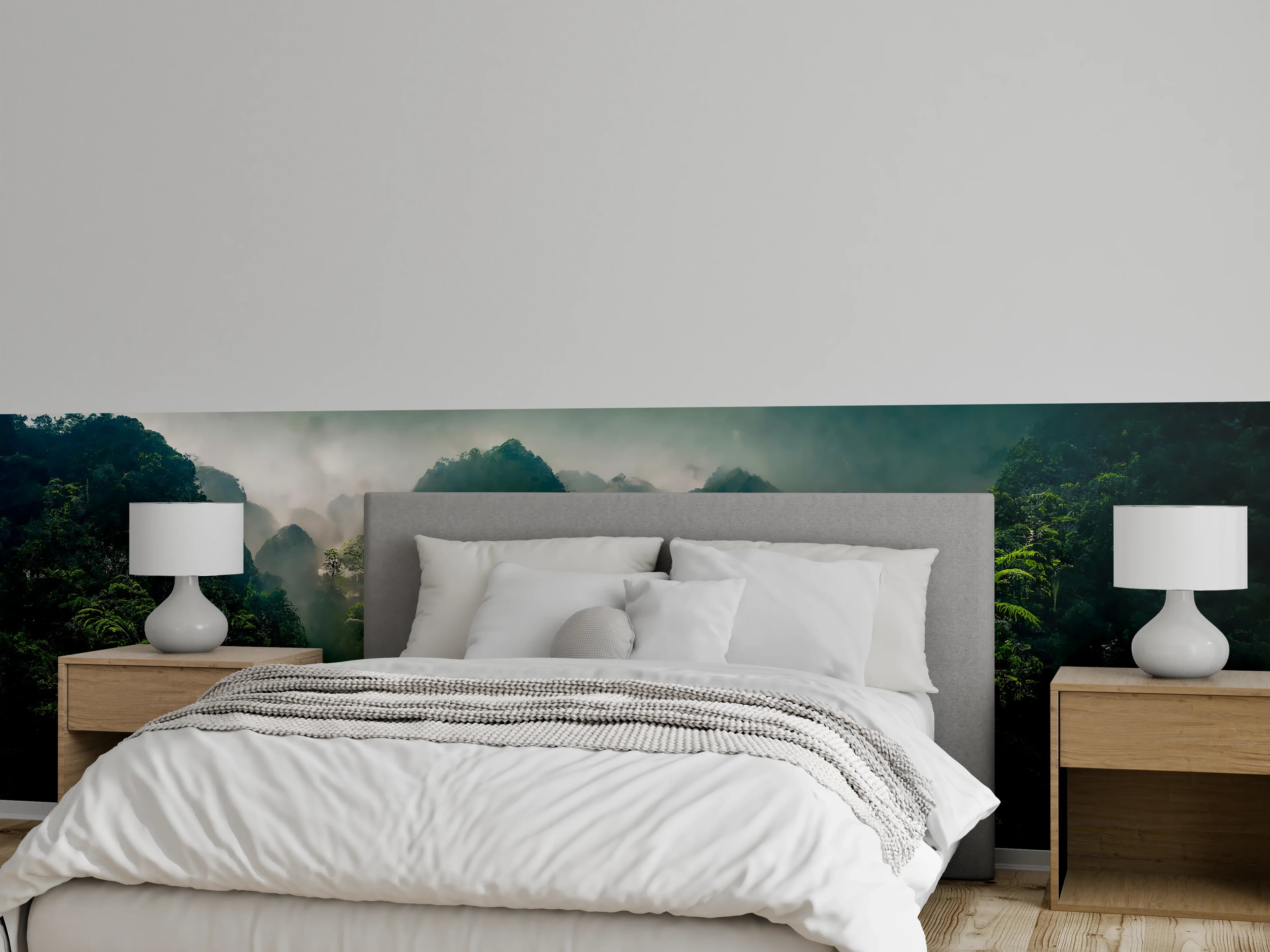 Wandverkleidung Schlafzimmer - Mystischer Dschungel – Nebelgrünes Panorama