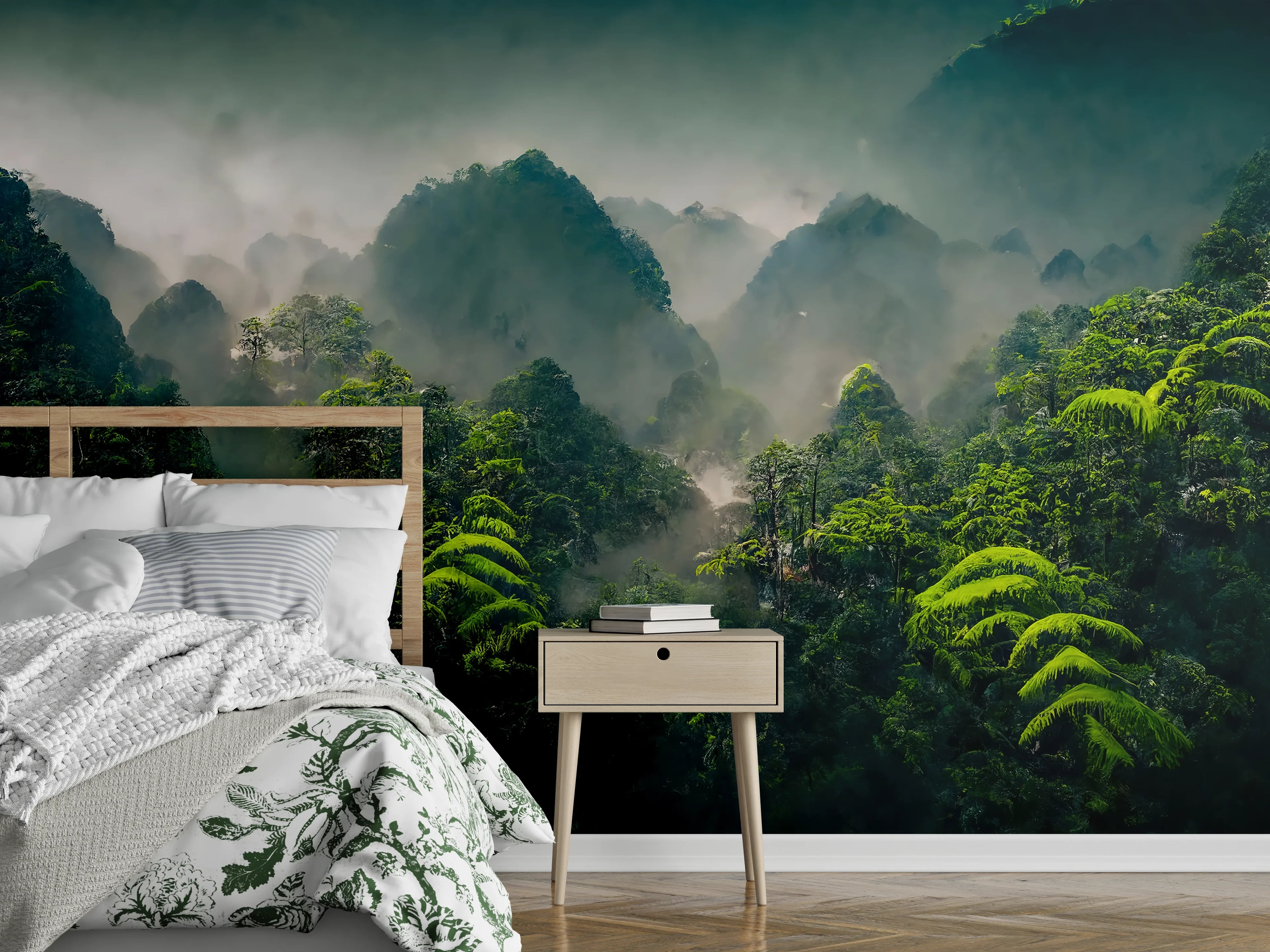 Wandverkleidung Schlafzimmer - Mystischer Dschungel – Nebelgrünes Panorama