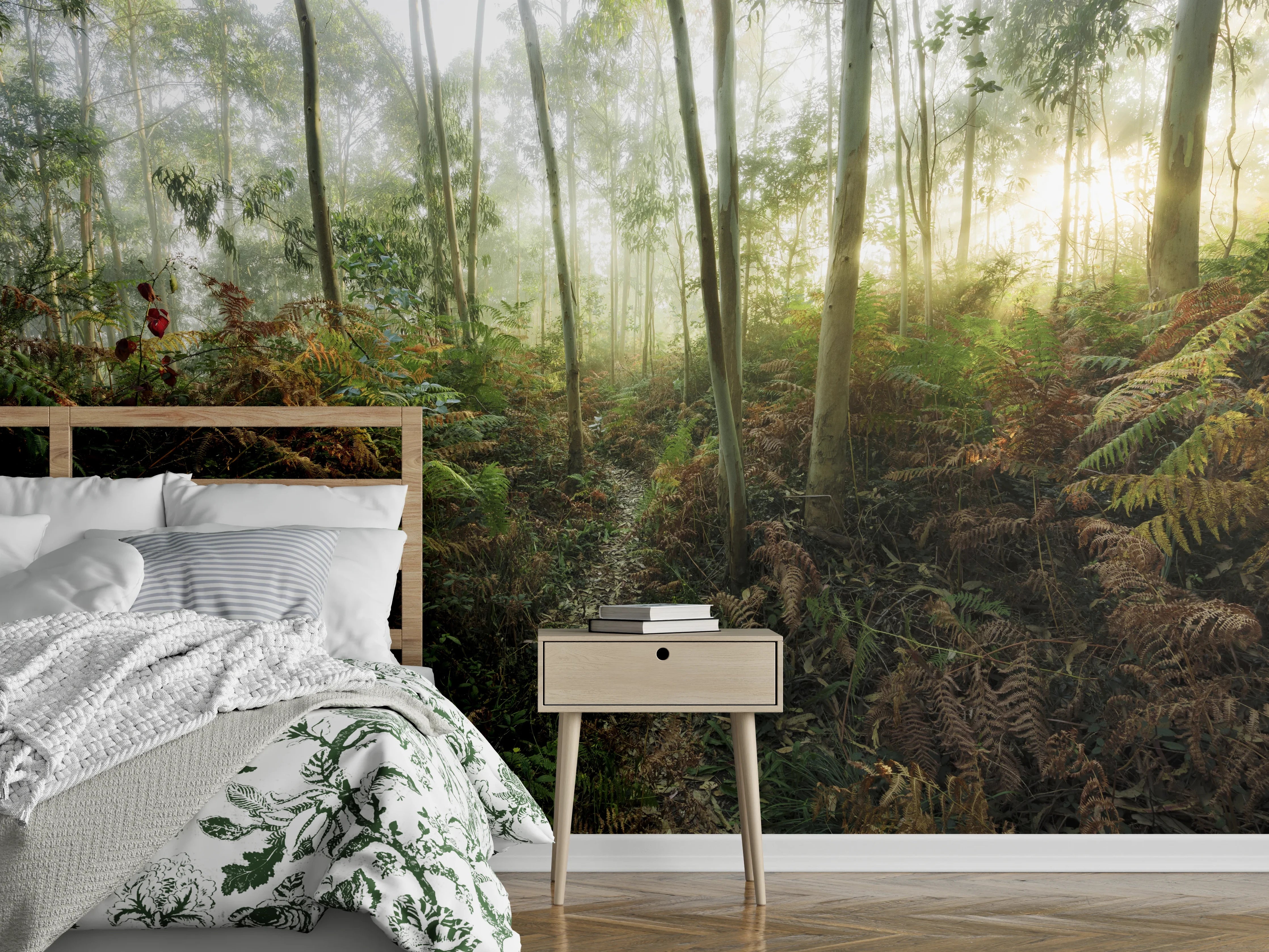 Wandverkleidung Schlafzimmer - Mystischer Morgenwald Fototapete