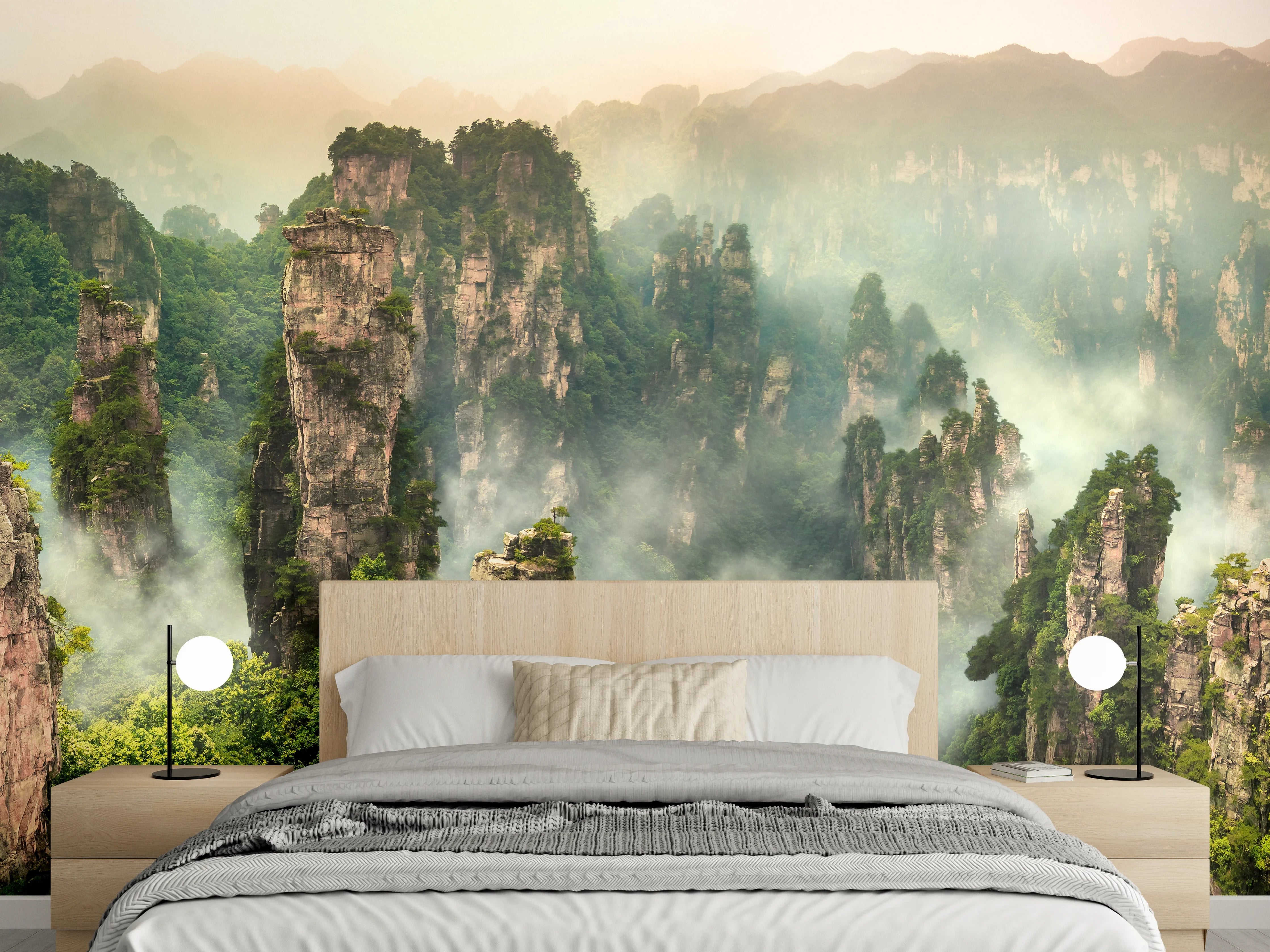 Wandverkleidung Schlafzimmer - Mystischer Urwald mit Felsen im Nebel