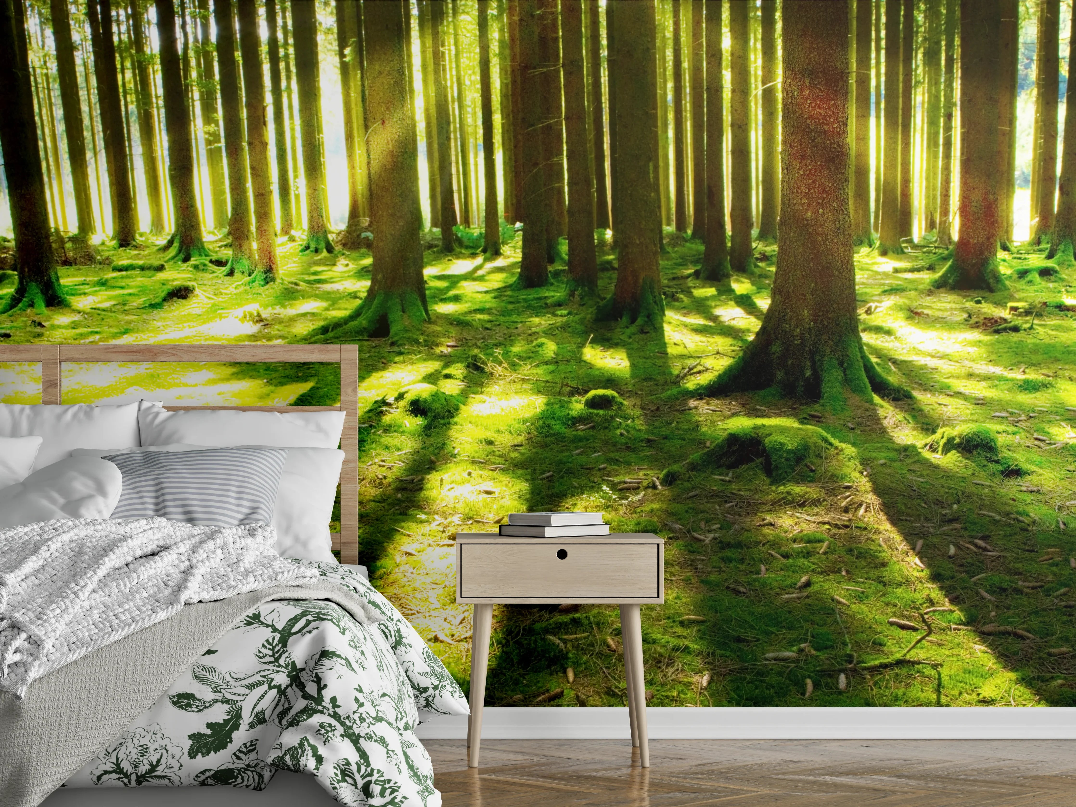 Wandverkleidung Schlafzimmer - Mystischer Wald Sonnenstrahlen Fototapete
