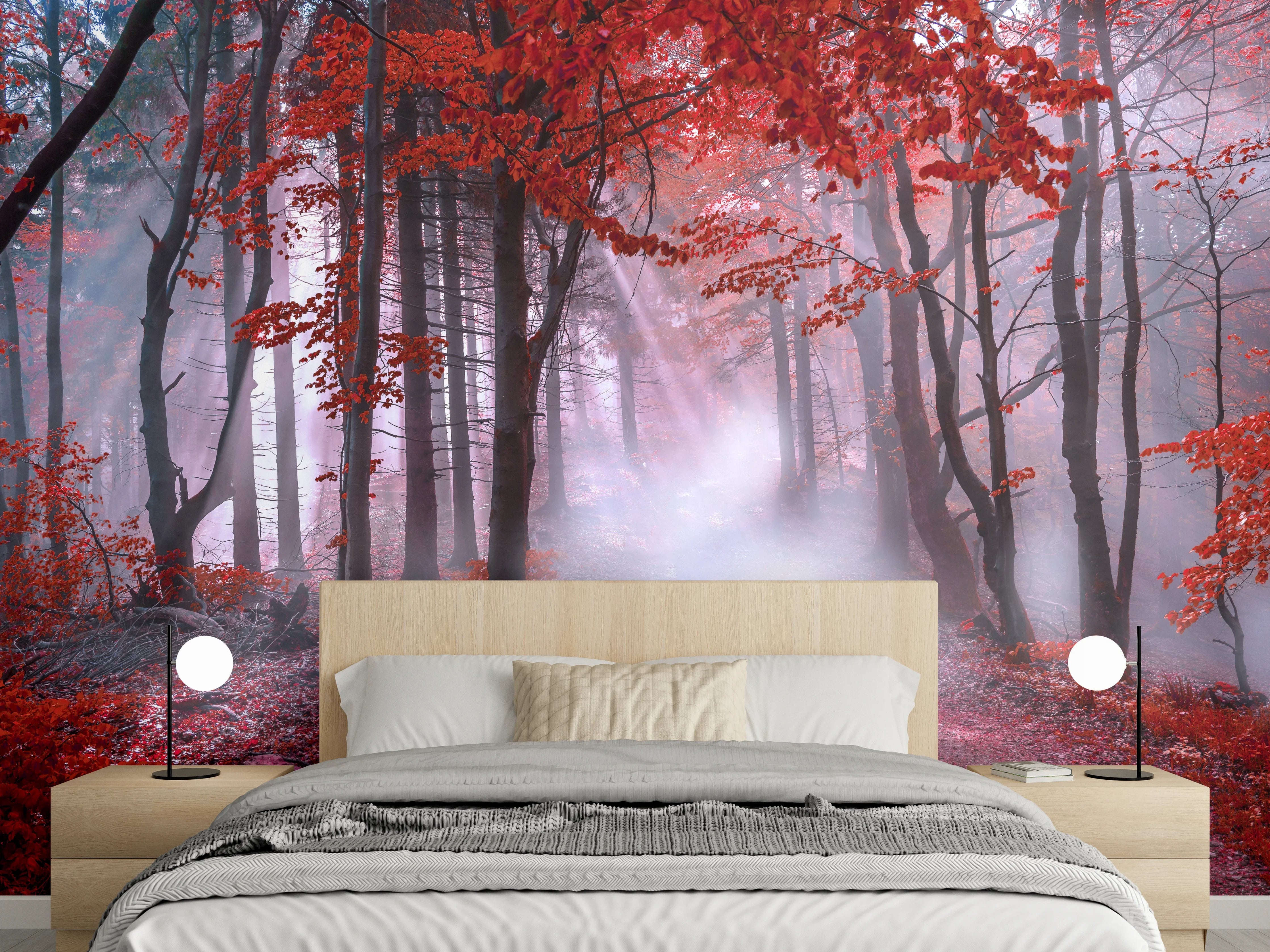 Wandverkleidung Schlafzimmer - Mystischer Wald mit roten Blättern