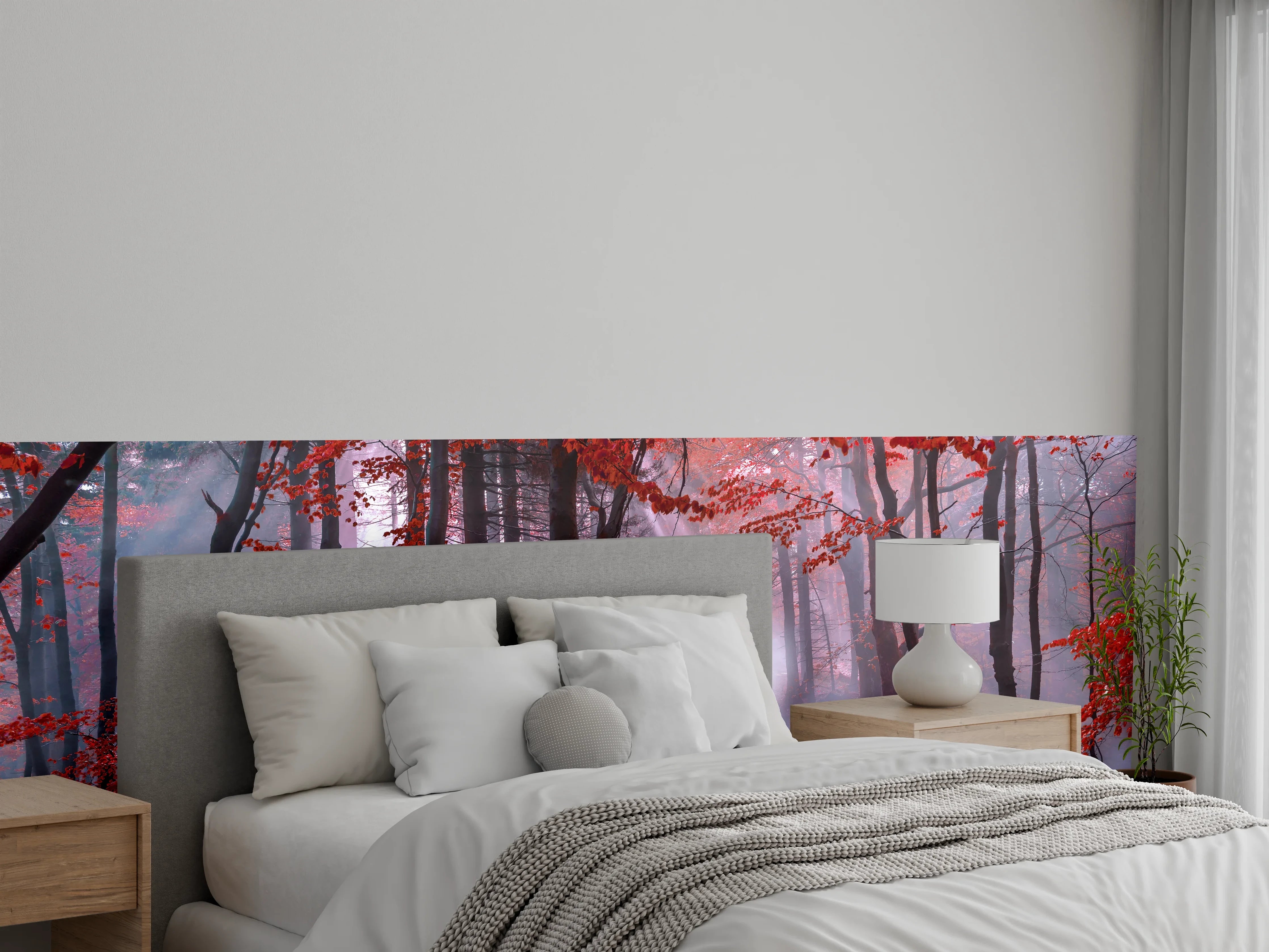 Wandverkleidung Schlafzimmer - Mystischer Wald mit roten Blättern