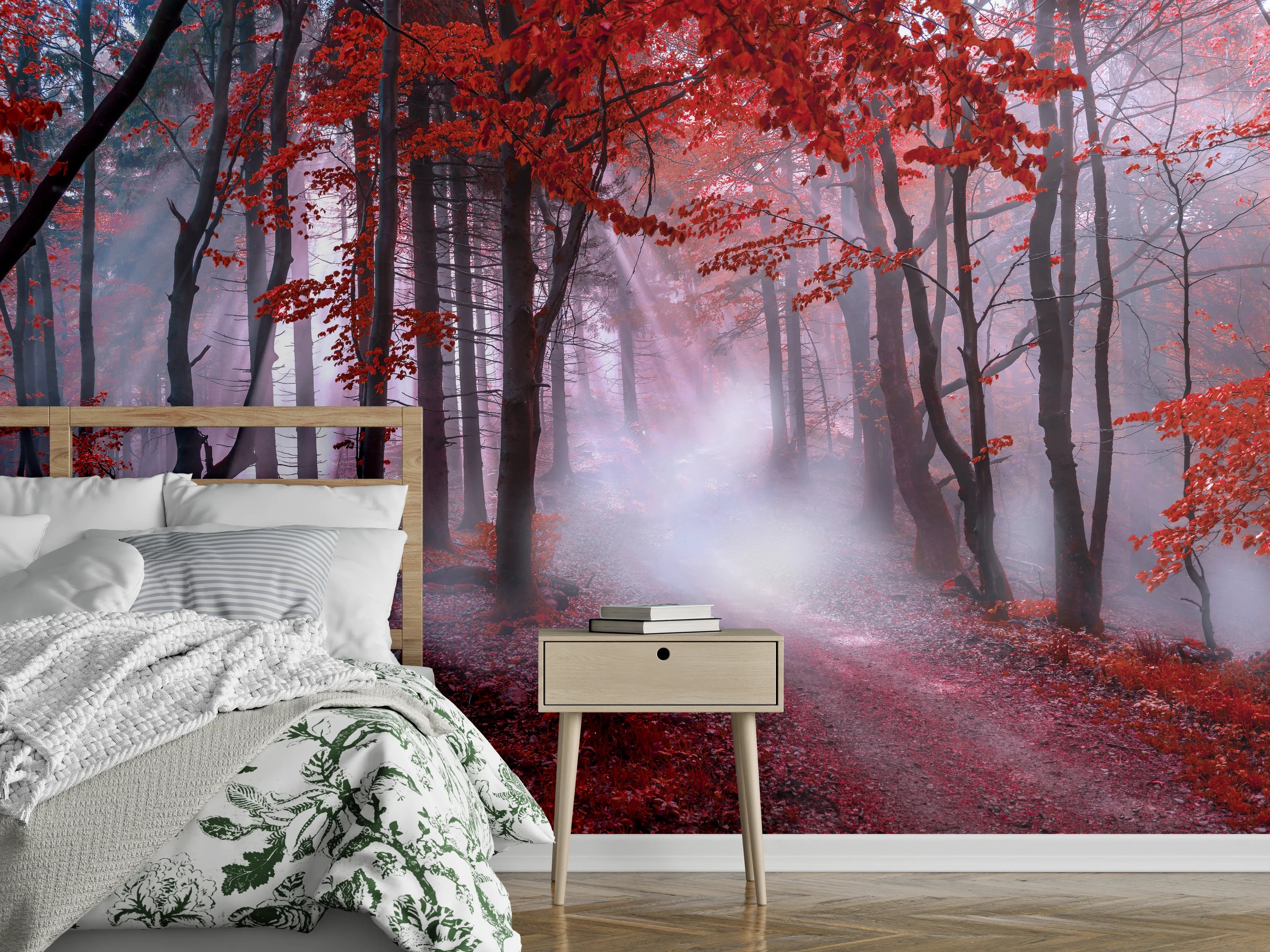 Wandverkleidung Schlafzimmer - Mystischer Wald mit roten Blättern
