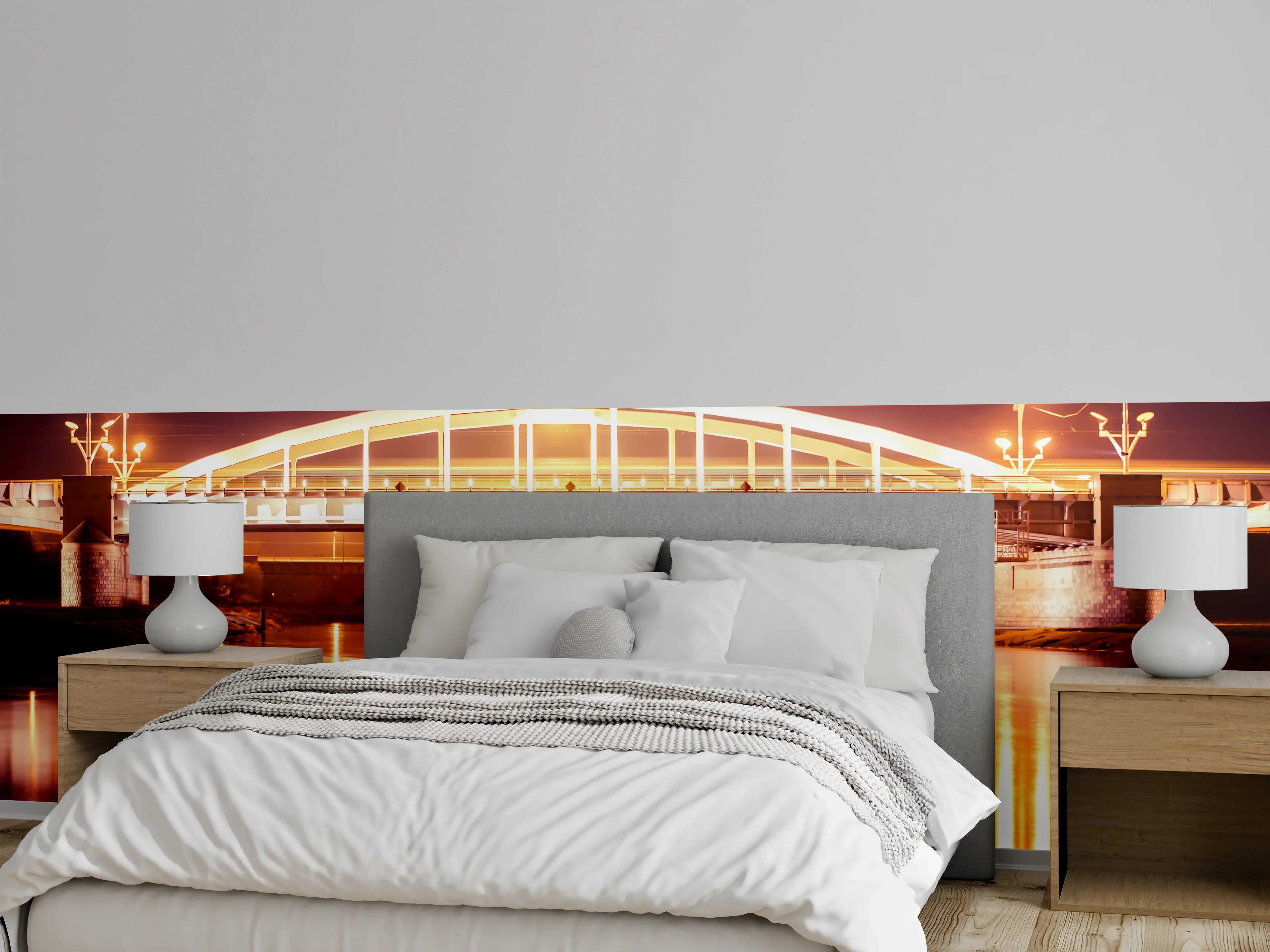 Wandverkleidung Schlafzimmer - Nacht Blick auf eine Brücke über den Fluss Warta in Posen