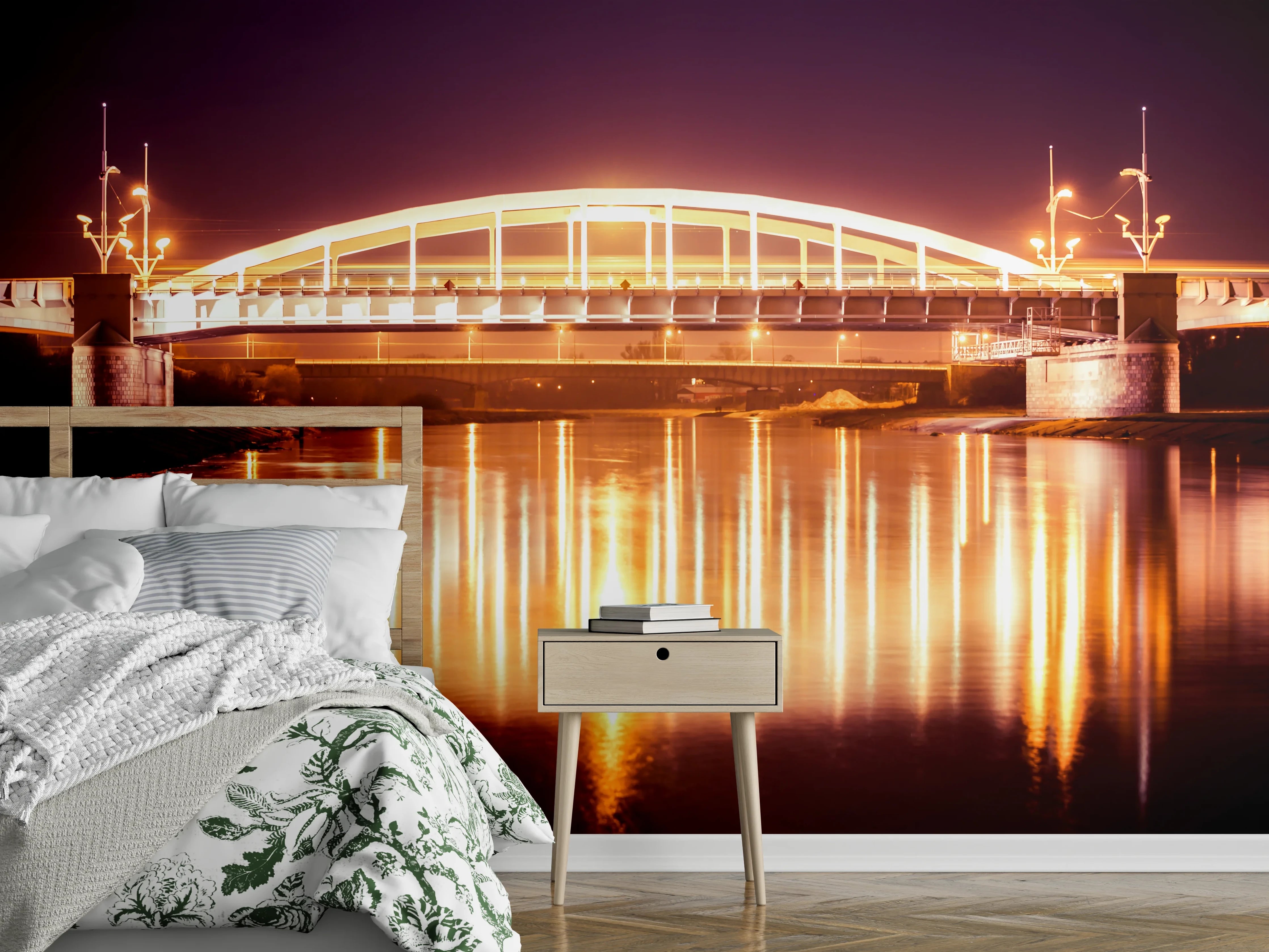 Wandverkleidung Schlafzimmer - Nacht Blick auf eine Brücke über den Fluss Warta in Posen