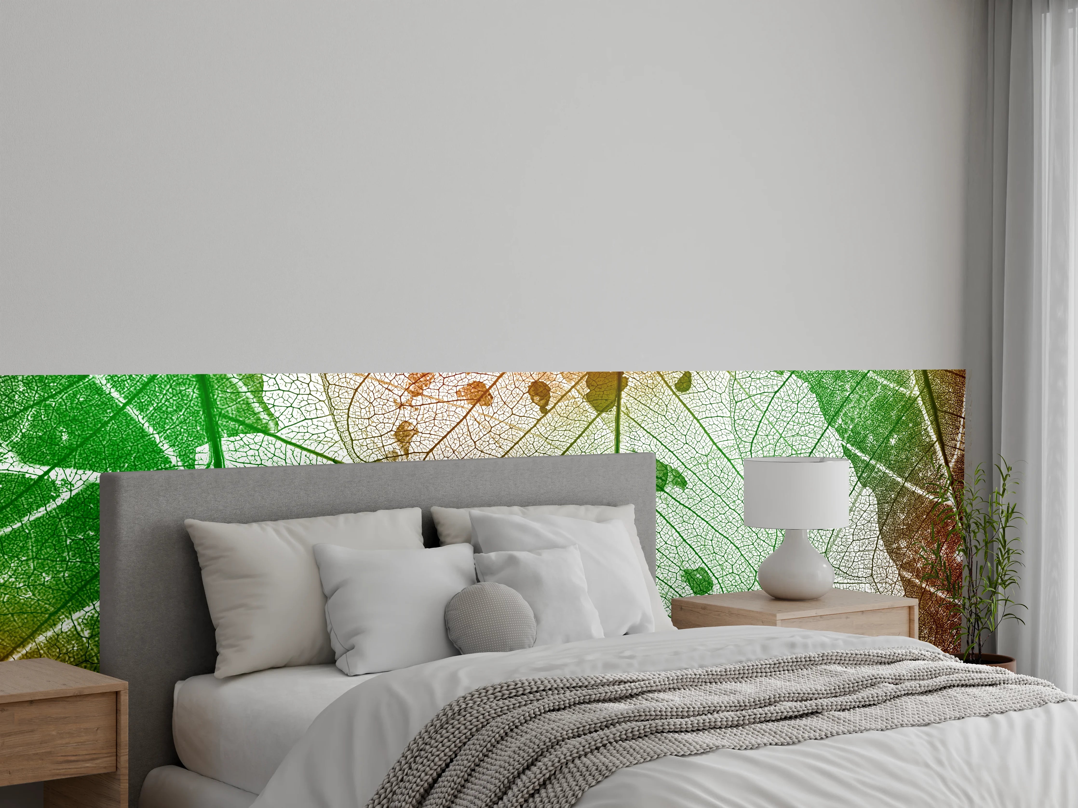 Wandverkleidung Schlafzimmer - Natürliche Blätterstruktur in Grün-Orange