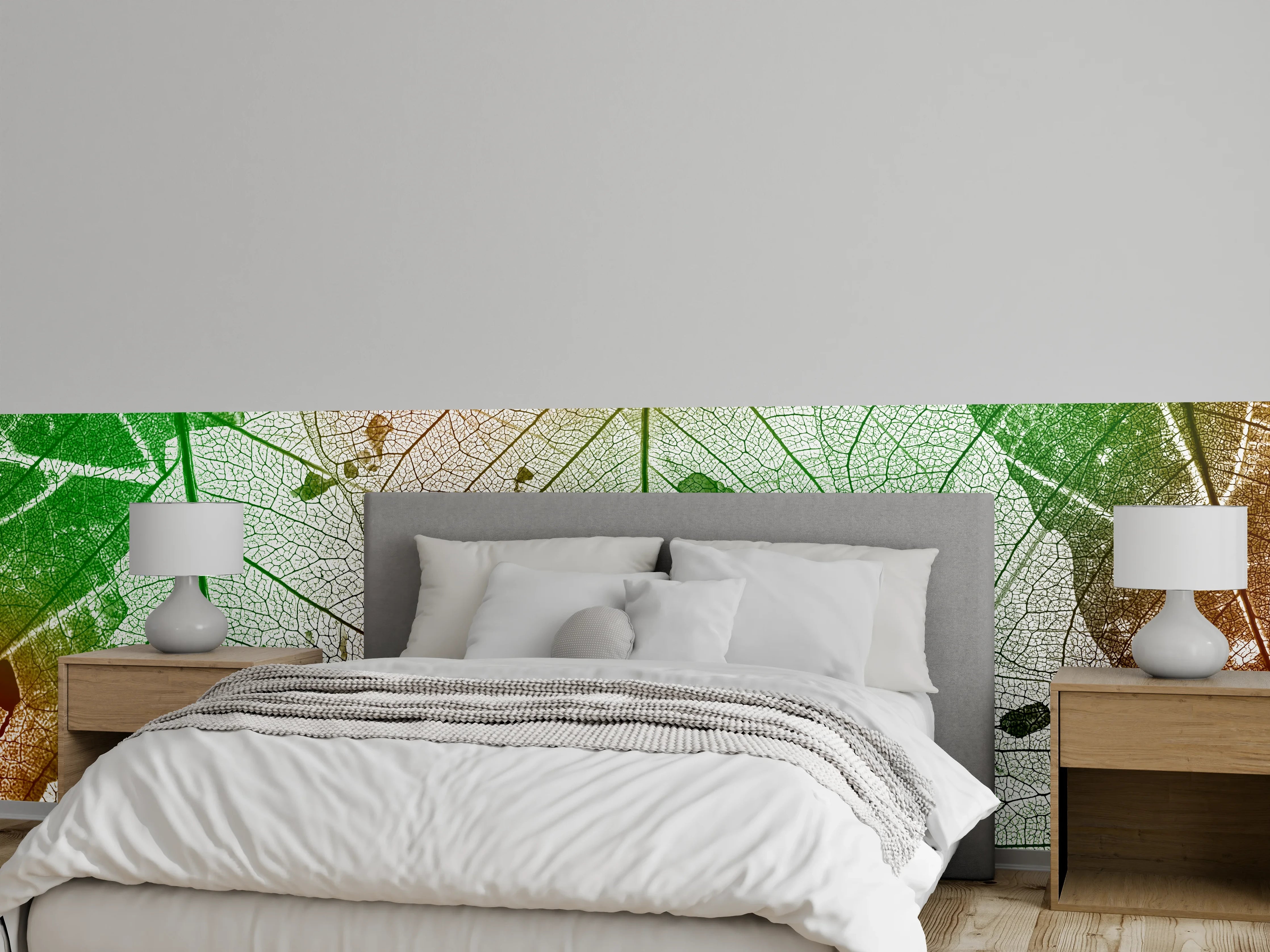 Wandverkleidung Schlafzimmer - Natürliche Blätterstruktur in Grün-Orange