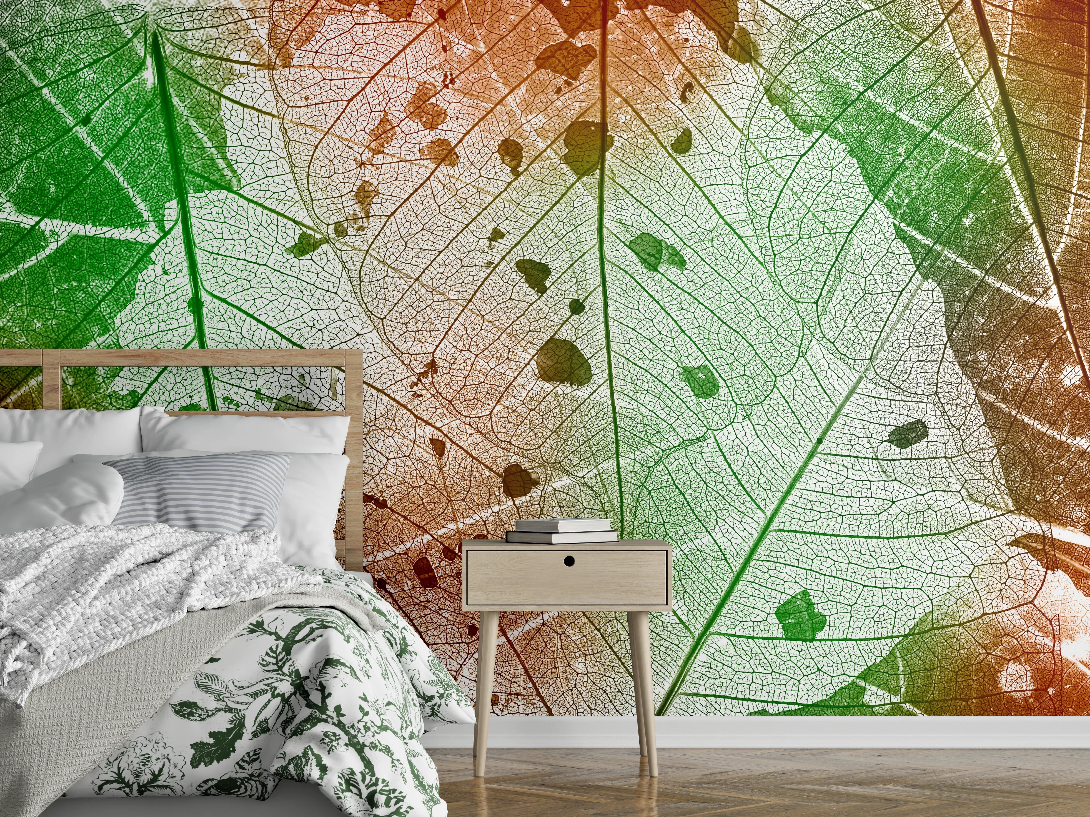 Wandverkleidung Schlafzimmer - Natürliche Blätterstruktur in Grün-Orange