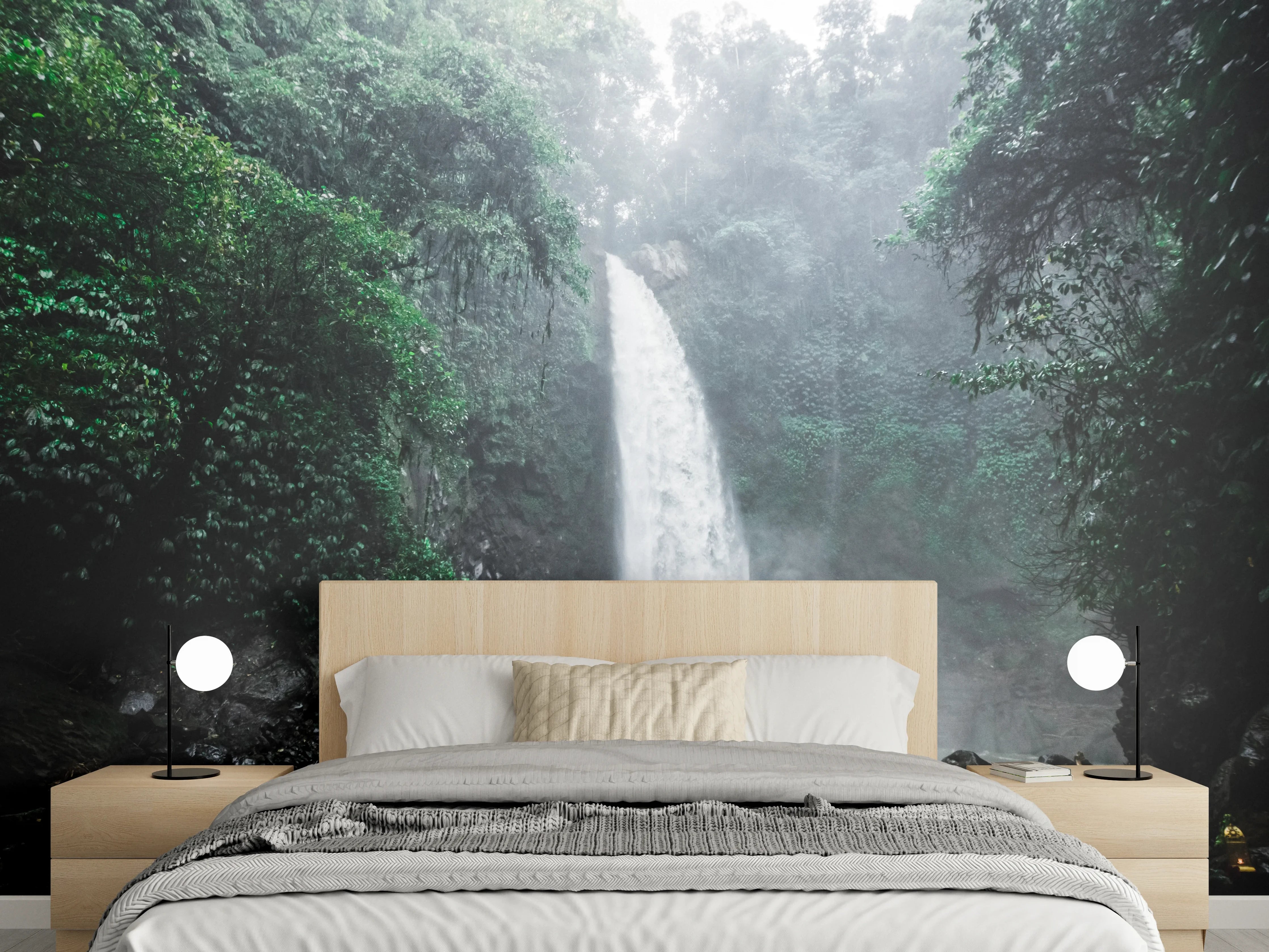 Wandverkleidung Schlafzimmer - Natur Wasserfall Dschungelgrün Fototapete