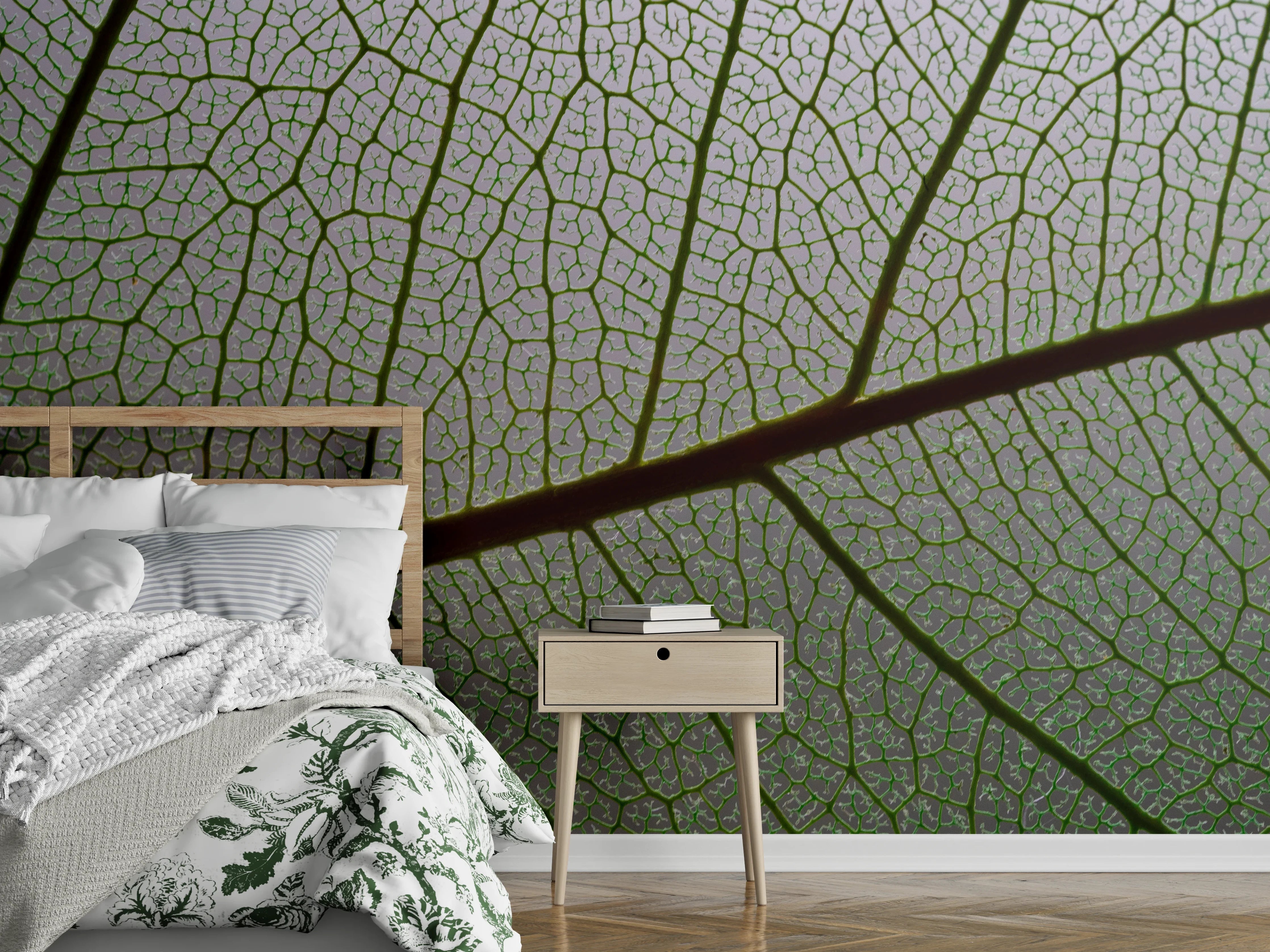 Wandverkleidung Schlafzimmer - Naturdetail Blattstrukturen als Wanddesign
